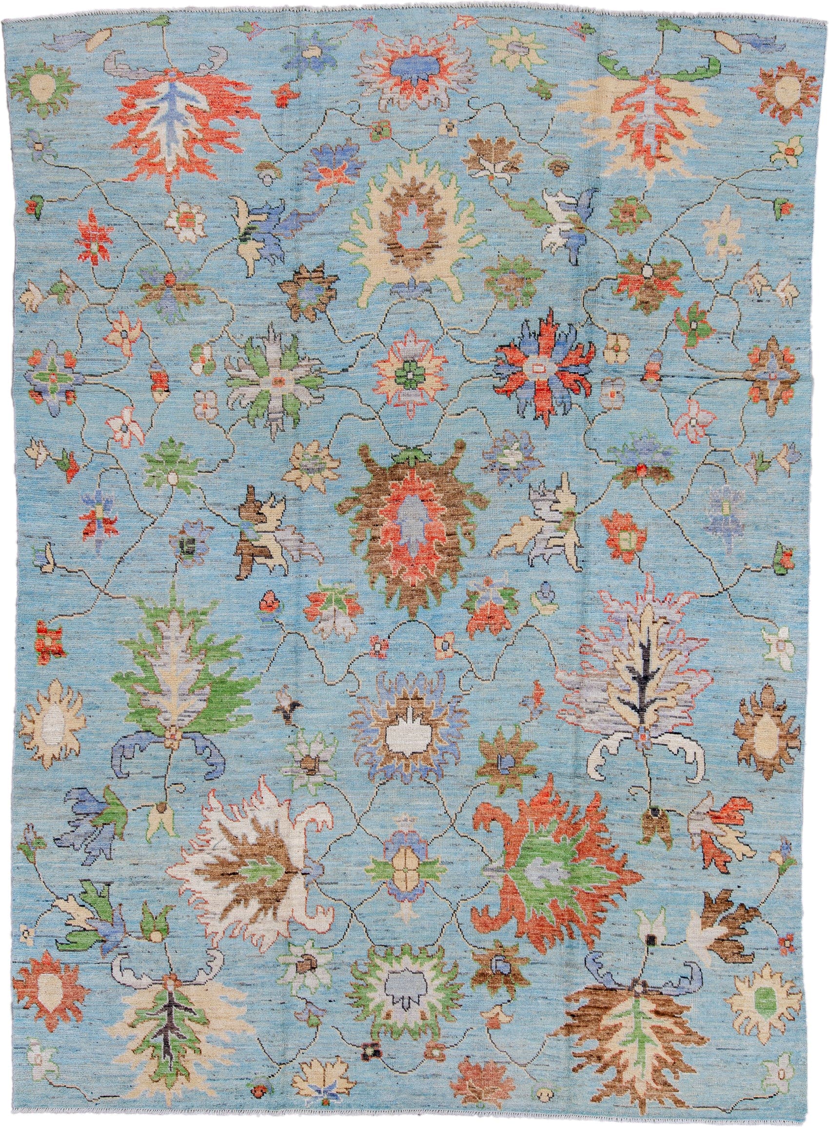 8' x 12' one-of-a-kind handmade vintage Oushak large size rug. Color palette: light blue, ivory, rust, sage, brown, lavender