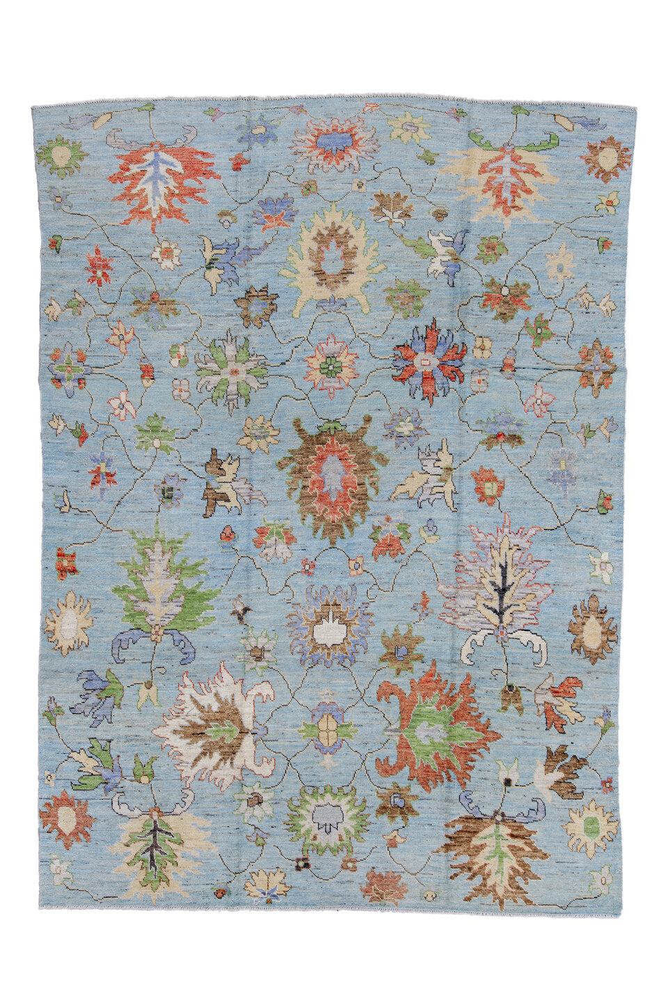 8' x 12' one-of-a-kind handmade vintage Oushak large size rug. Color palette: black, blue, brown, charcoal, dim gray, gray