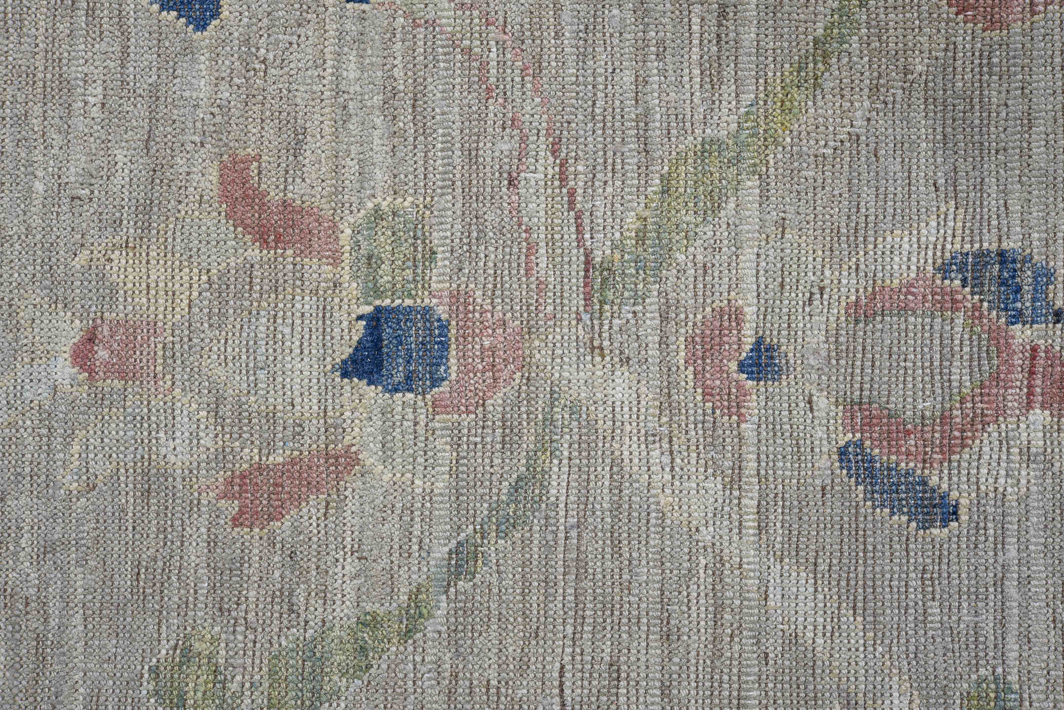 7' x 9' one-of-a-kind handmade vintage Oushak rug. Color palette: blue, brown, dark gray, fiord, gray, light gray, off-white