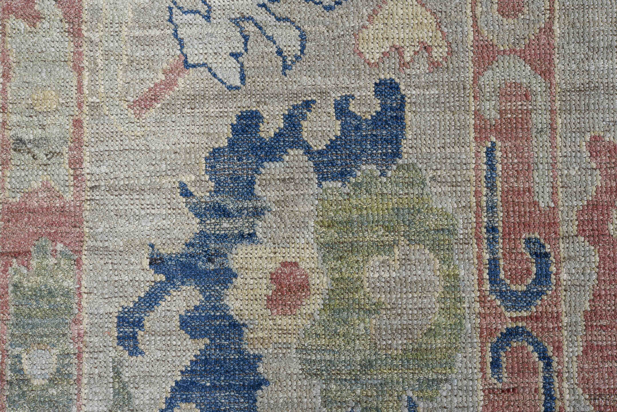 7' x 9' one-of-a-kind handmade vintage Oushak rug. Color palette: blue, brown, dark gray, fiord, gray, light gray, off-white