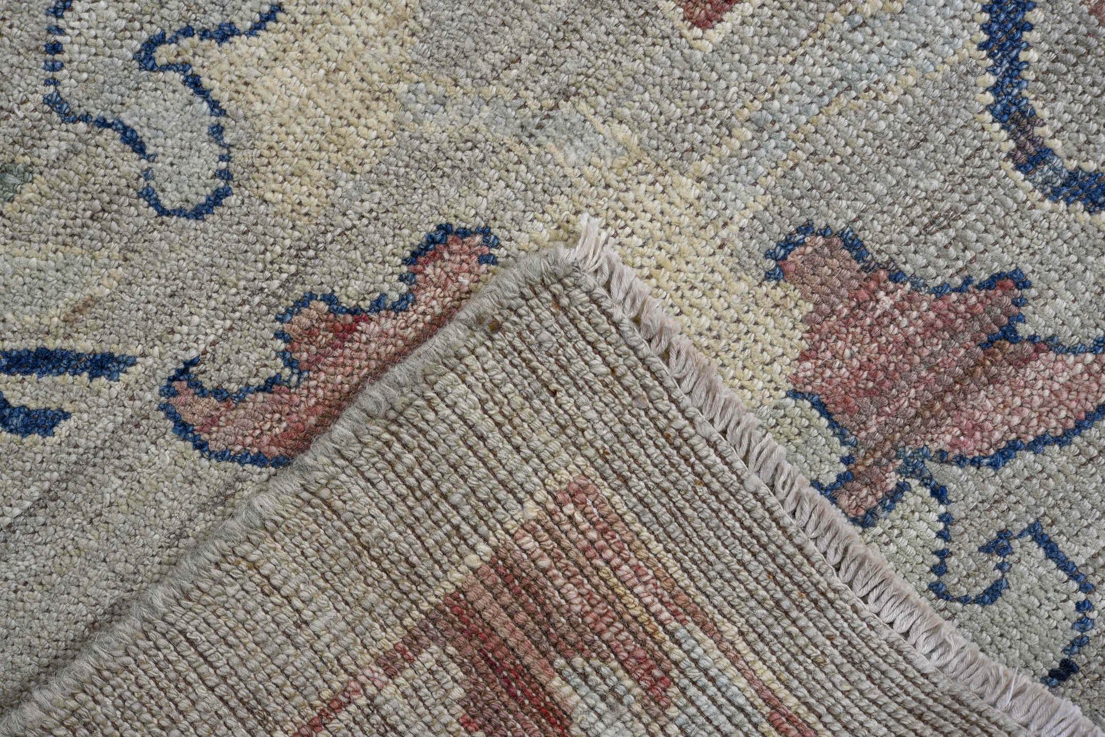 7' x 9' one-of-a-kind handmade vintage Oushak rug. Color palette: blue, brown, dark gray, fiord, gray, light gray, off-white