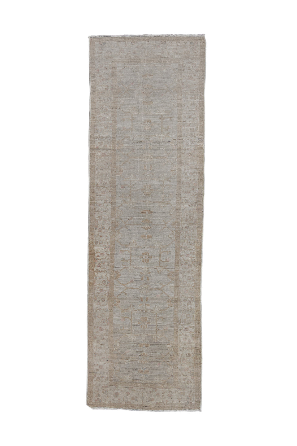 3' x 9' one-of-a-kind handmade vintage Oushak runner rug. Color palette: dark gray, gray, light gray, off-white, pink
