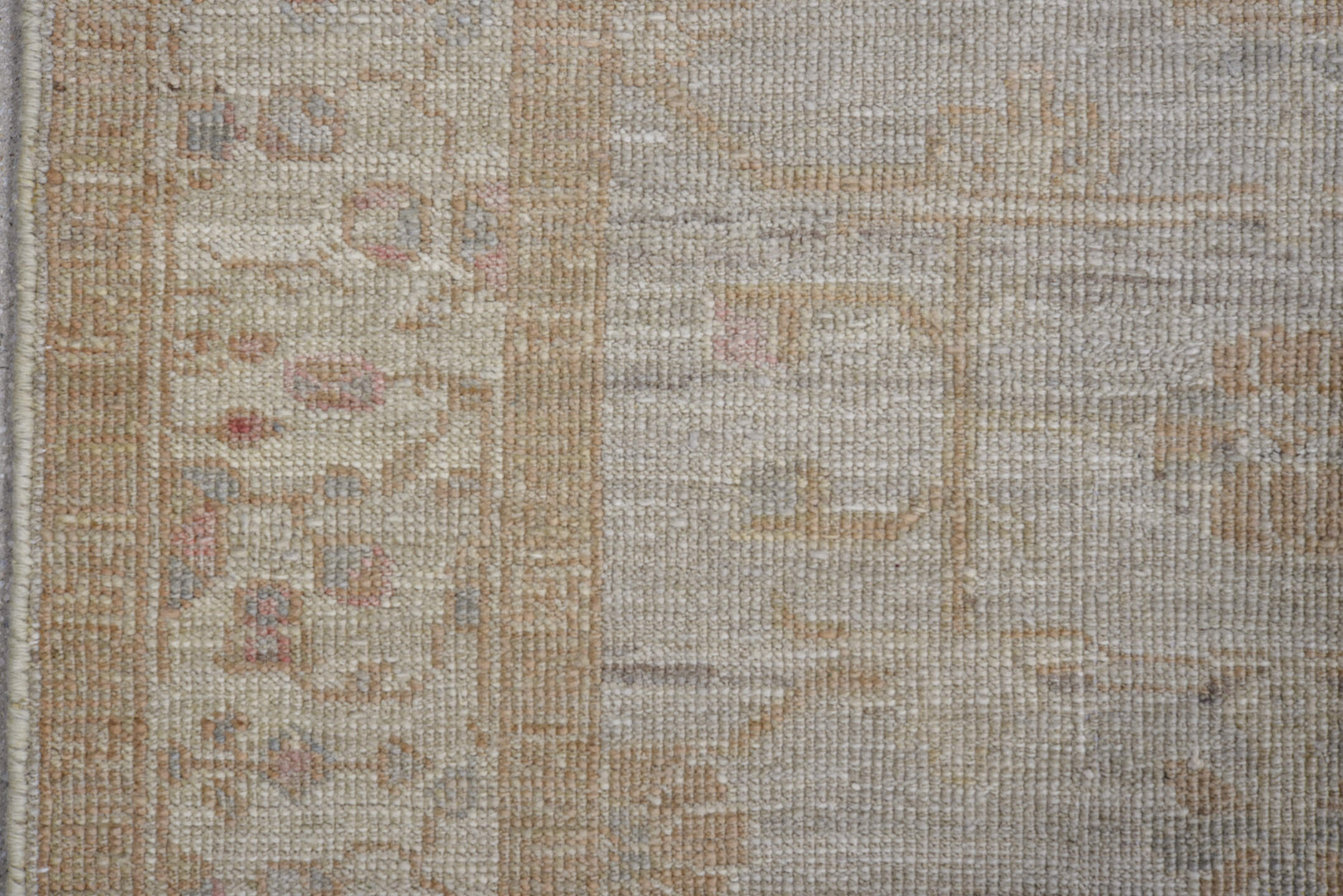 3' x 9' one-of-a-kind handmade vintage Oushak runner rug. Color palette: ivory, taupe, beige, sand, pale blush, gray, pink