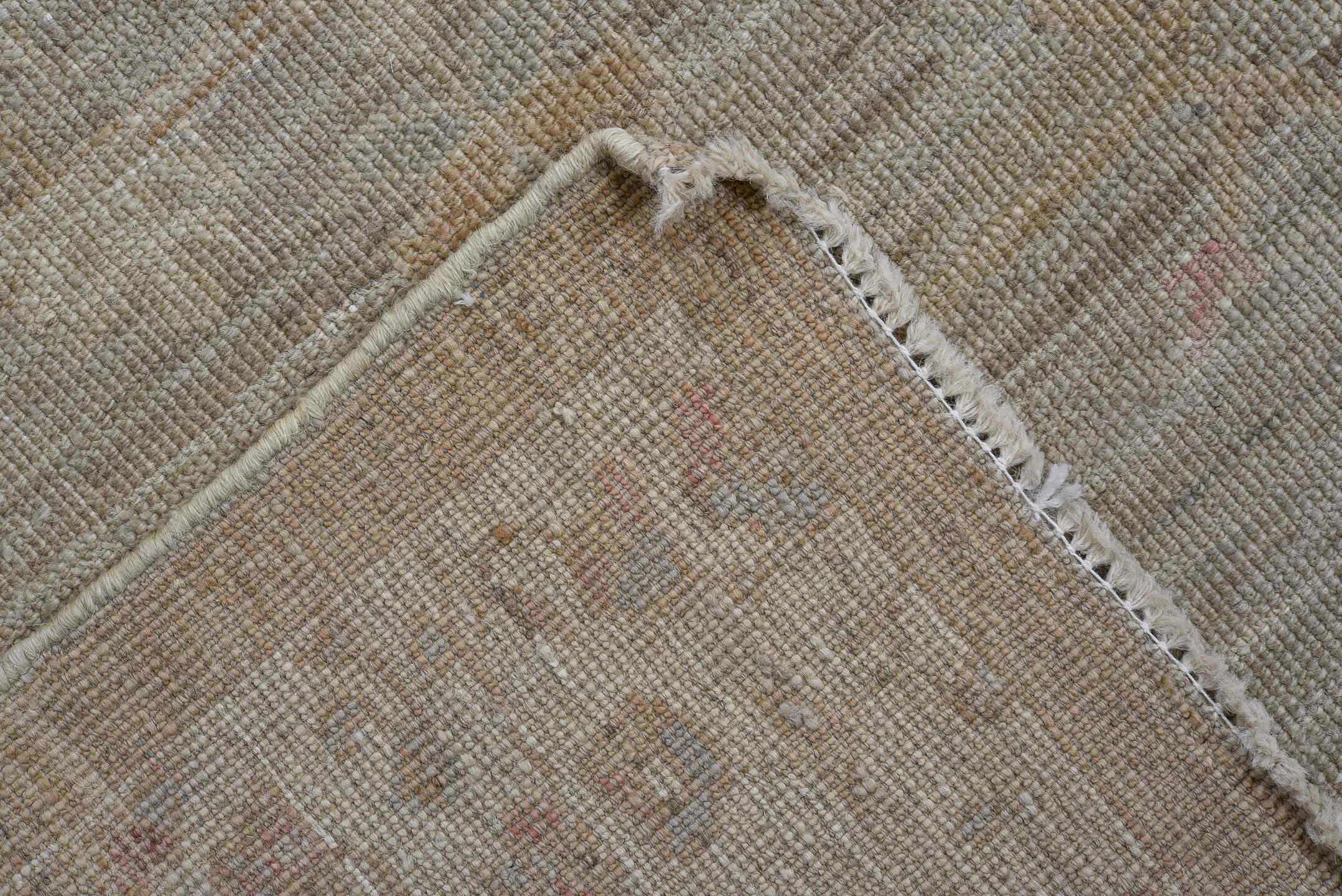 3' x 9' one-of-a-kind handmade vintage Oushak runner rug. Color palette: ivory, taupe, beige, sand, pale blush, gray, pink