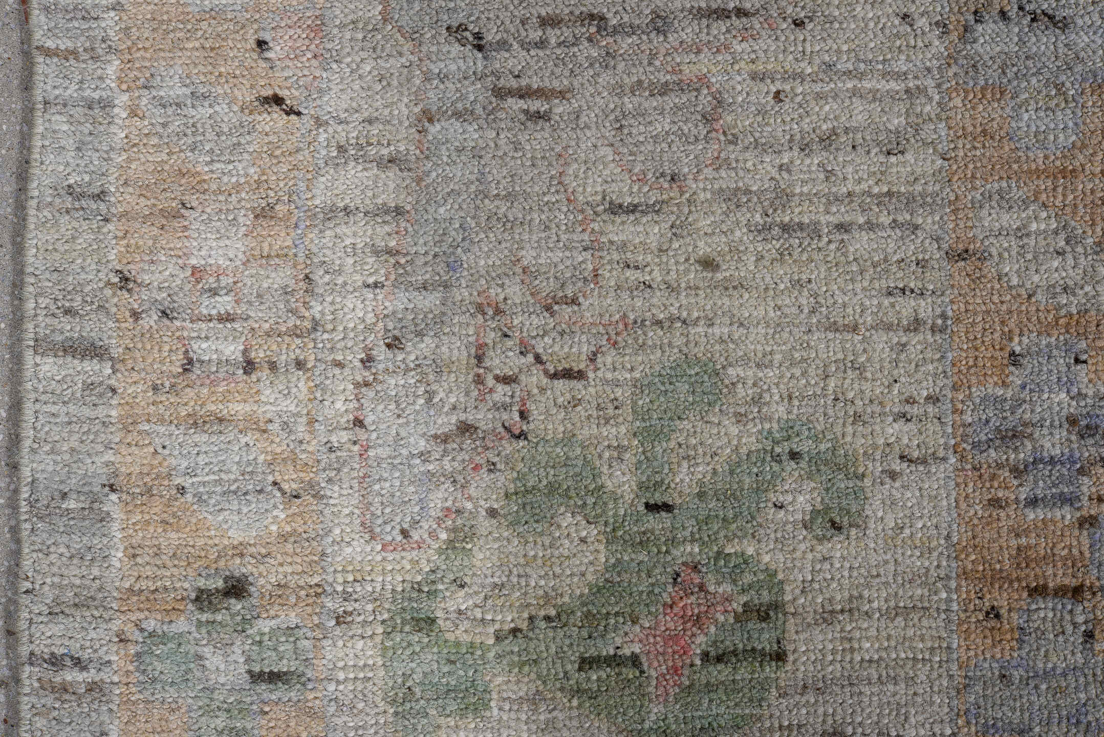 11' x 15' one-of-a-kind handmade vintage Oushak oversize rug. Color palette: ivory, beige, sage, blush, gold, taupe