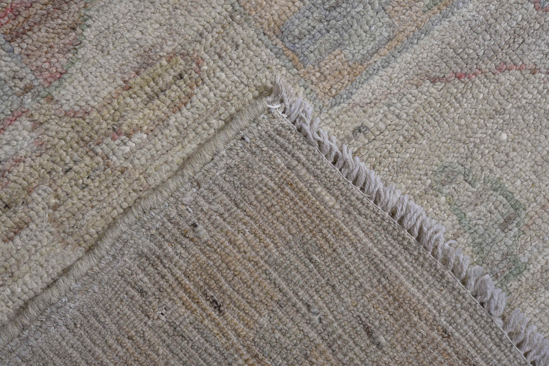11' x 15' one-of-a-kind handmade vintage Oushak oversize rug. Color palette: ivory, beige, sage, blush, gold, taupe