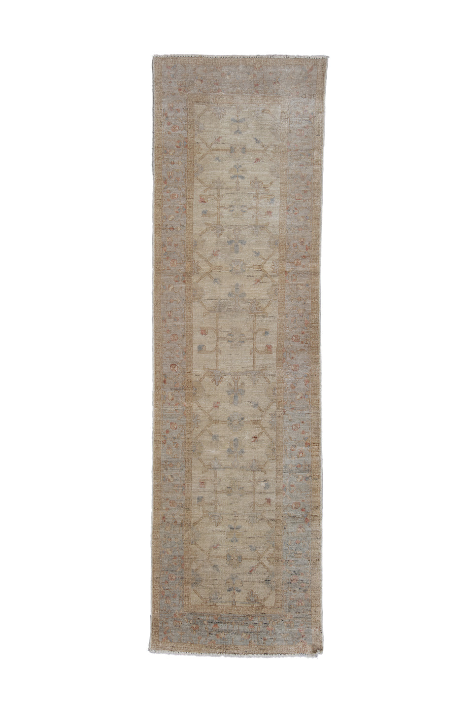 2' x 9' one-of-a-kind handmade vintage Oushak runner rug. Color palette: brown, gray, light gray, silver