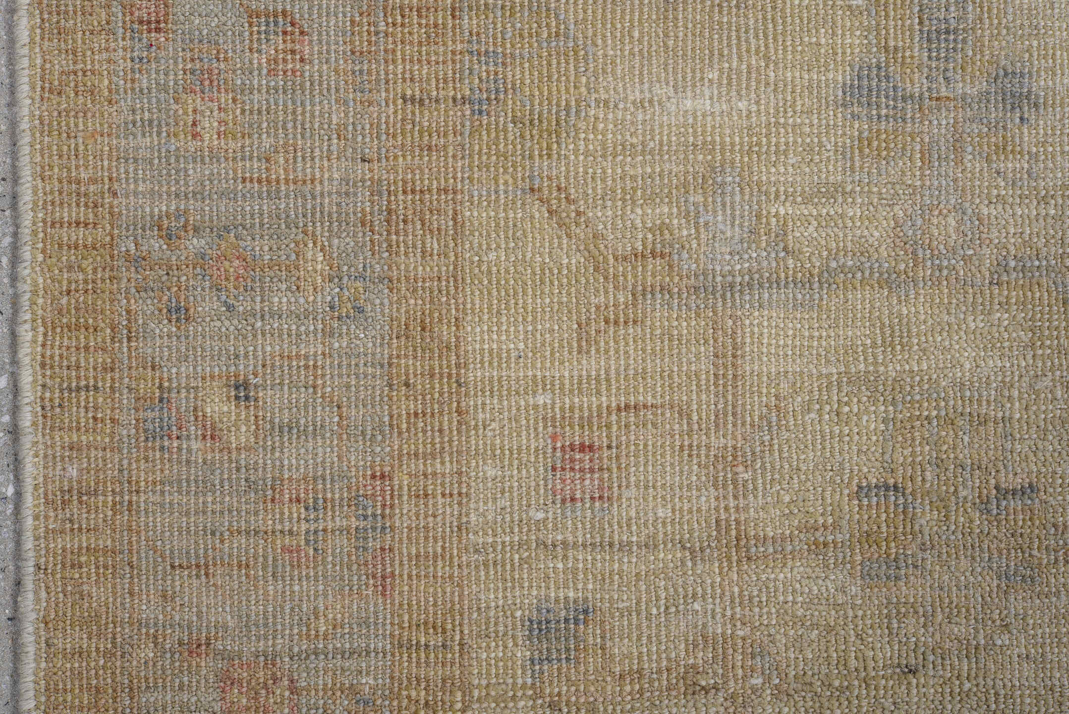 2' x 9' one-of-a-kind handmade vintage Oushak runner rug. Color palette: ivory, taupe, beige, pale blue, soft terracotta