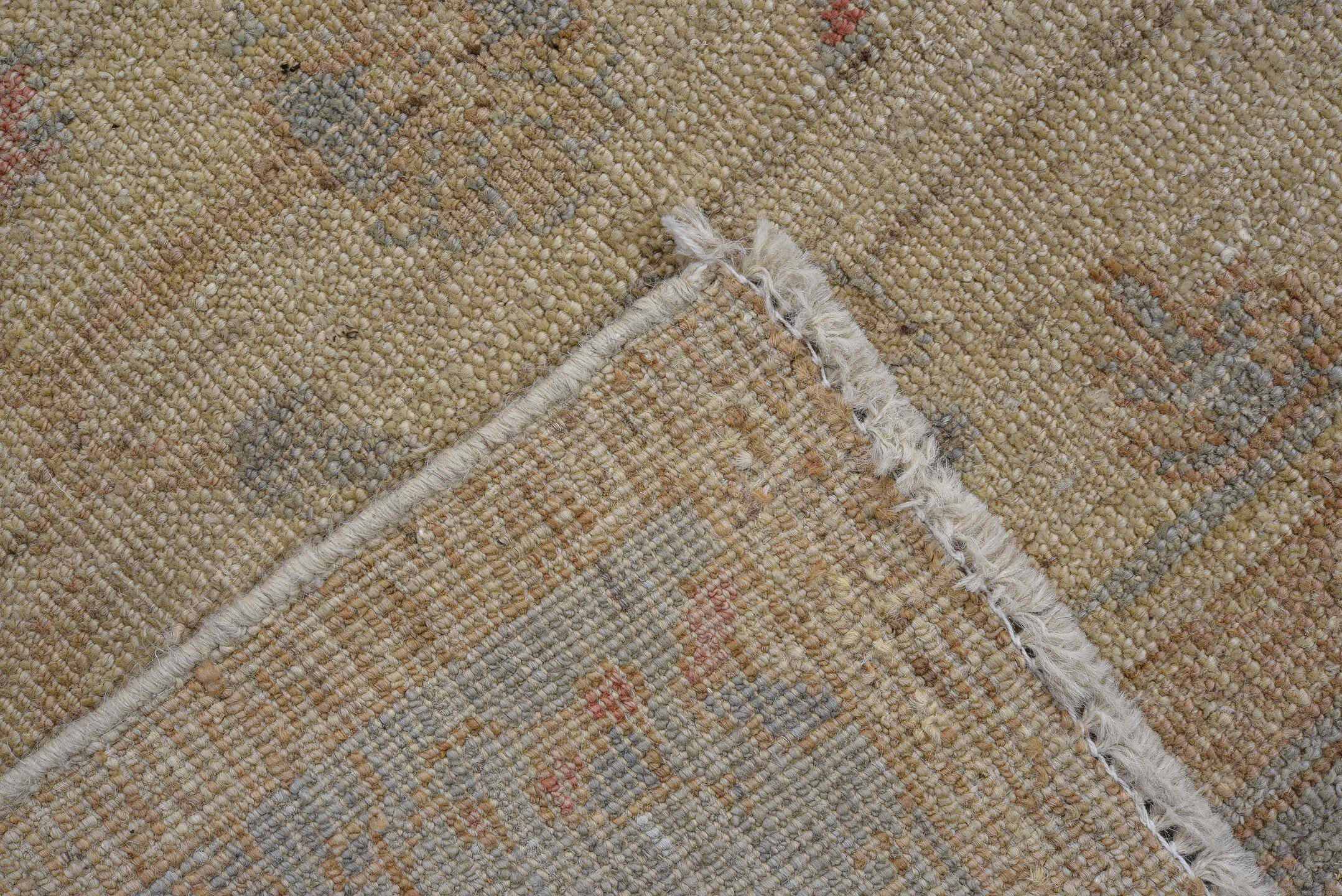 2' x 9' one-of-a-kind handmade vintage Oushak runner rug. Color palette: ivory, taupe, beige, pale blue, soft terracotta