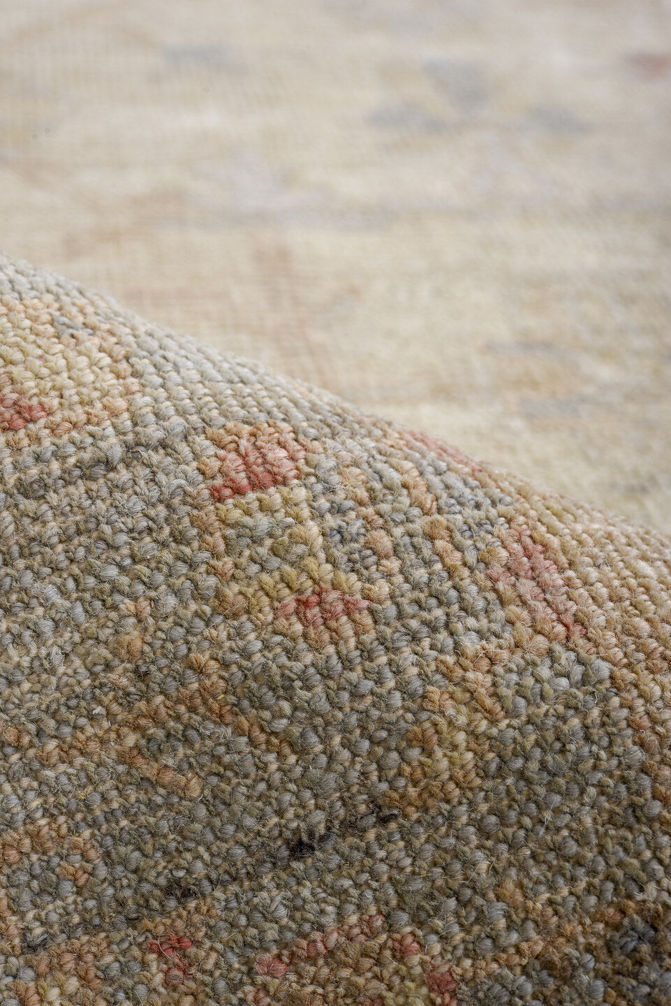 2' x 9' one-of-a-kind handmade vintage Oushak runner rug. Color palette: ivory, taupe, beige, pale blue, soft terracotta