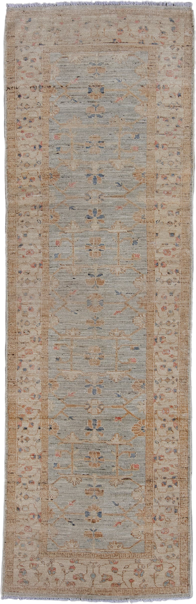 3' x 10' one-of-a-kind handmade vintage Oushak runner rug. Color palette: beige, ivory, taupe, pale blue, camel, soft gold