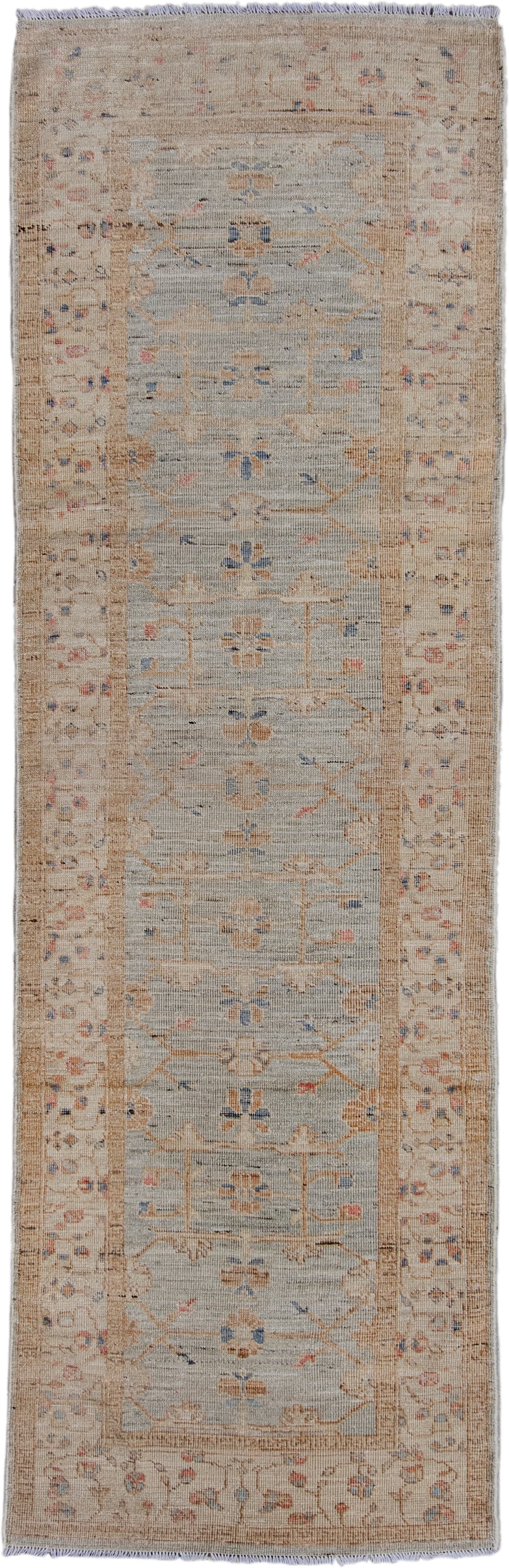 3' x 10' one-of-a-kind handmade vintage Oushak runner rug. Color palette: beige, ivory, taupe, pale blue, camel, soft gold
