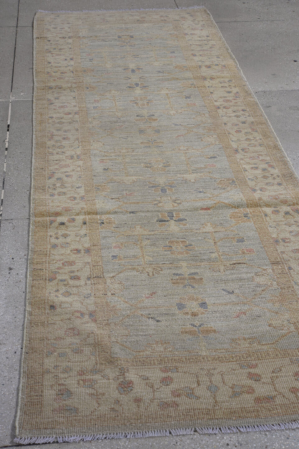 3' x 10' one-of-a-kind handmade vintage Oushak runner rug. Color palette: beige, ivory, taupe, pale blue, camel, soft gold