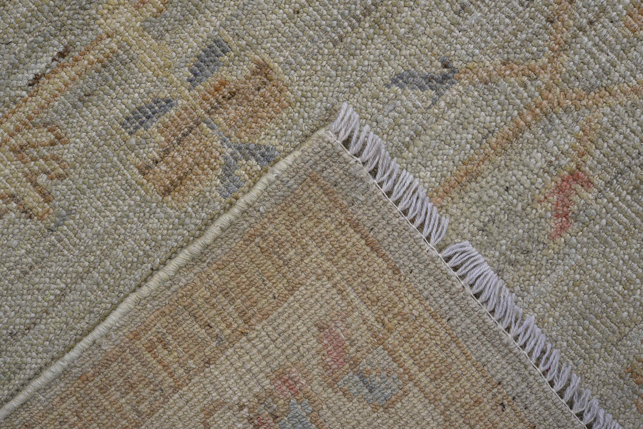 3' x 10' one-of-a-kind handmade vintage Oushak runner rug. Color palette: beige, ivory, taupe, pale blue, camel, soft gold