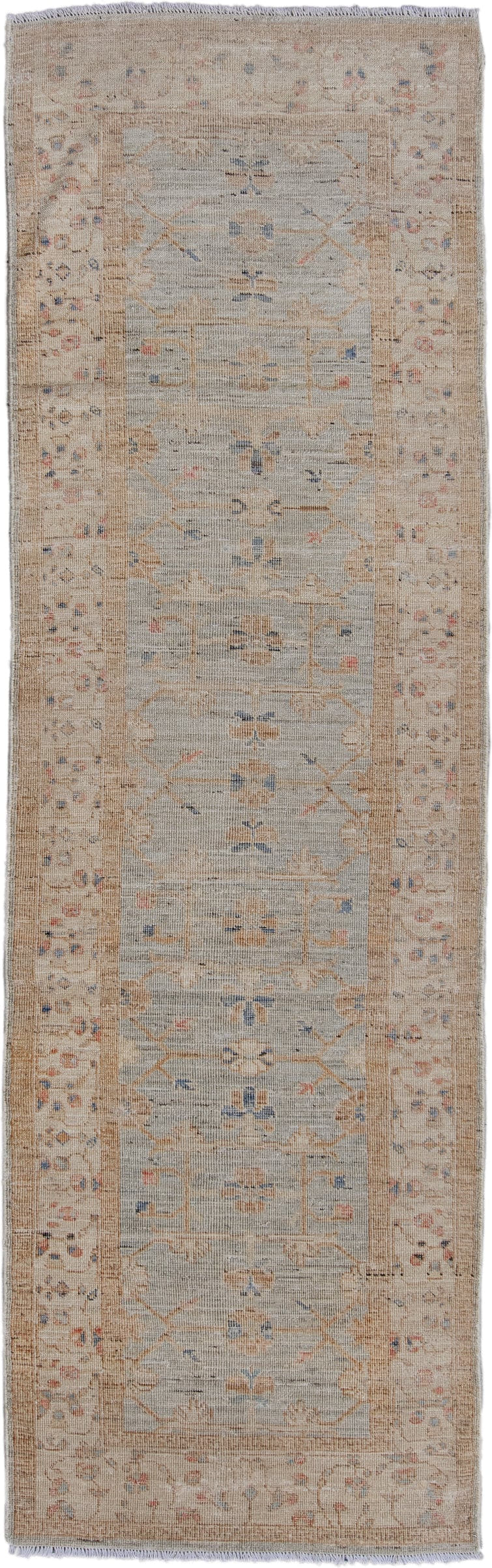 3' x 10' one-of-a-kind handmade vintage Oushak runner rug. Color palette: beige, ivory, taupe, pale blue, camel, blush, sage