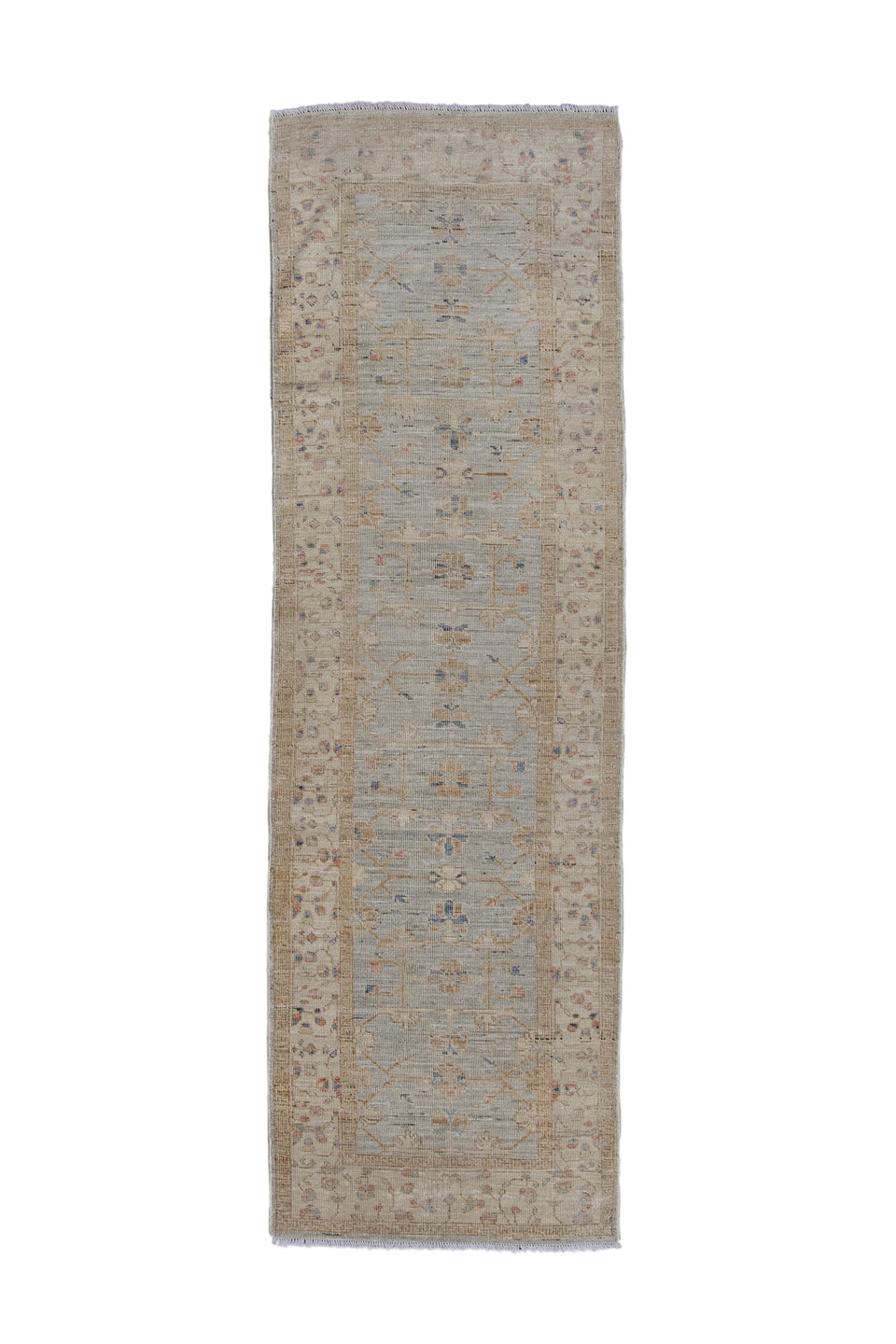 3' x 10' one-of-a-kind handmade vintage Oushak runner rug. Color palette: dark gray, gray, light blue, light gray
