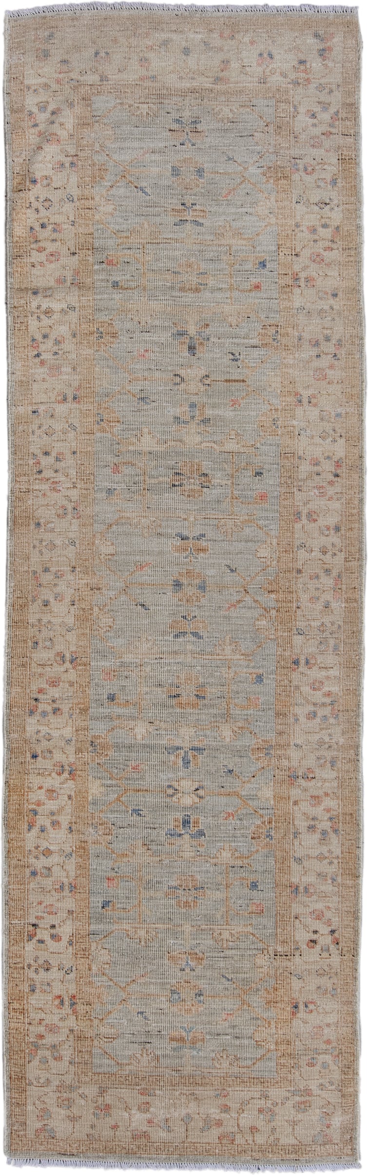 3' x 10' one-of-a-kind handmade vintage Oushak runner rug. Color palette: beige, ivory, taupe, pale blue, camel, blush, sage