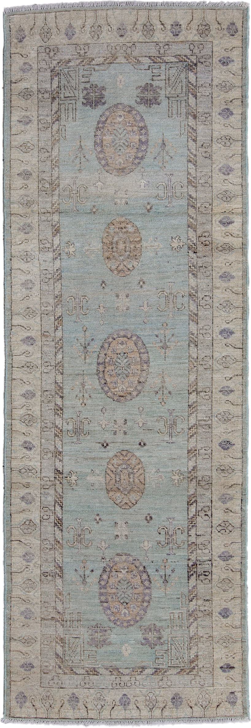 3' x 9' one-of-a-kind handmade vintage Oushak runner rug. Color palette: ivory, pale blue, taupe, lavender, beige, gray