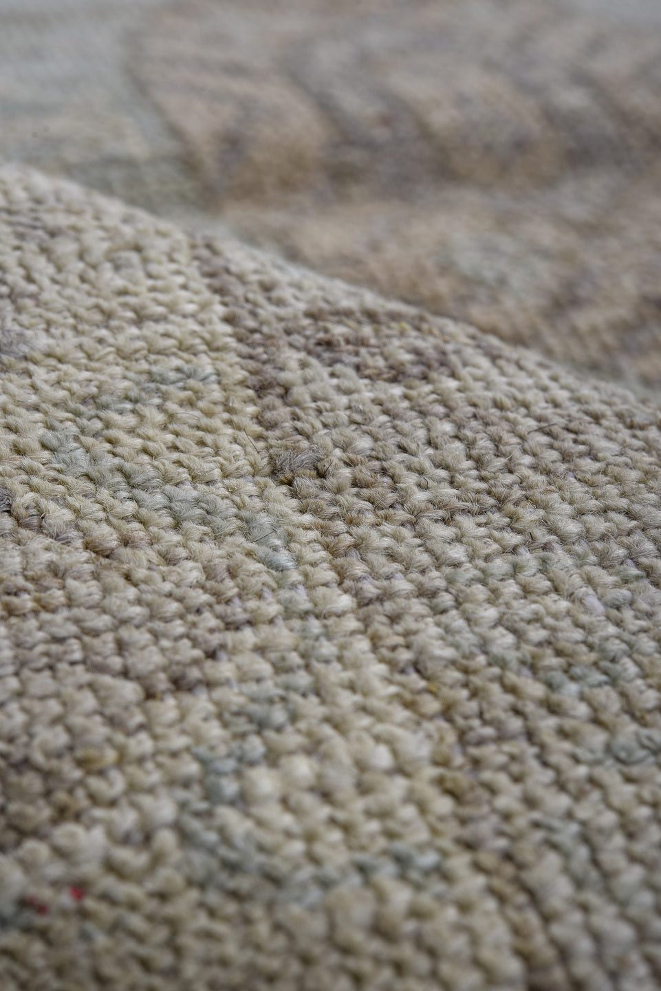 3' x 9' one-of-a-kind handmade vintage Oushak runner rug. Color palette: ivory, pale blue, taupe, lavender, beige, gray