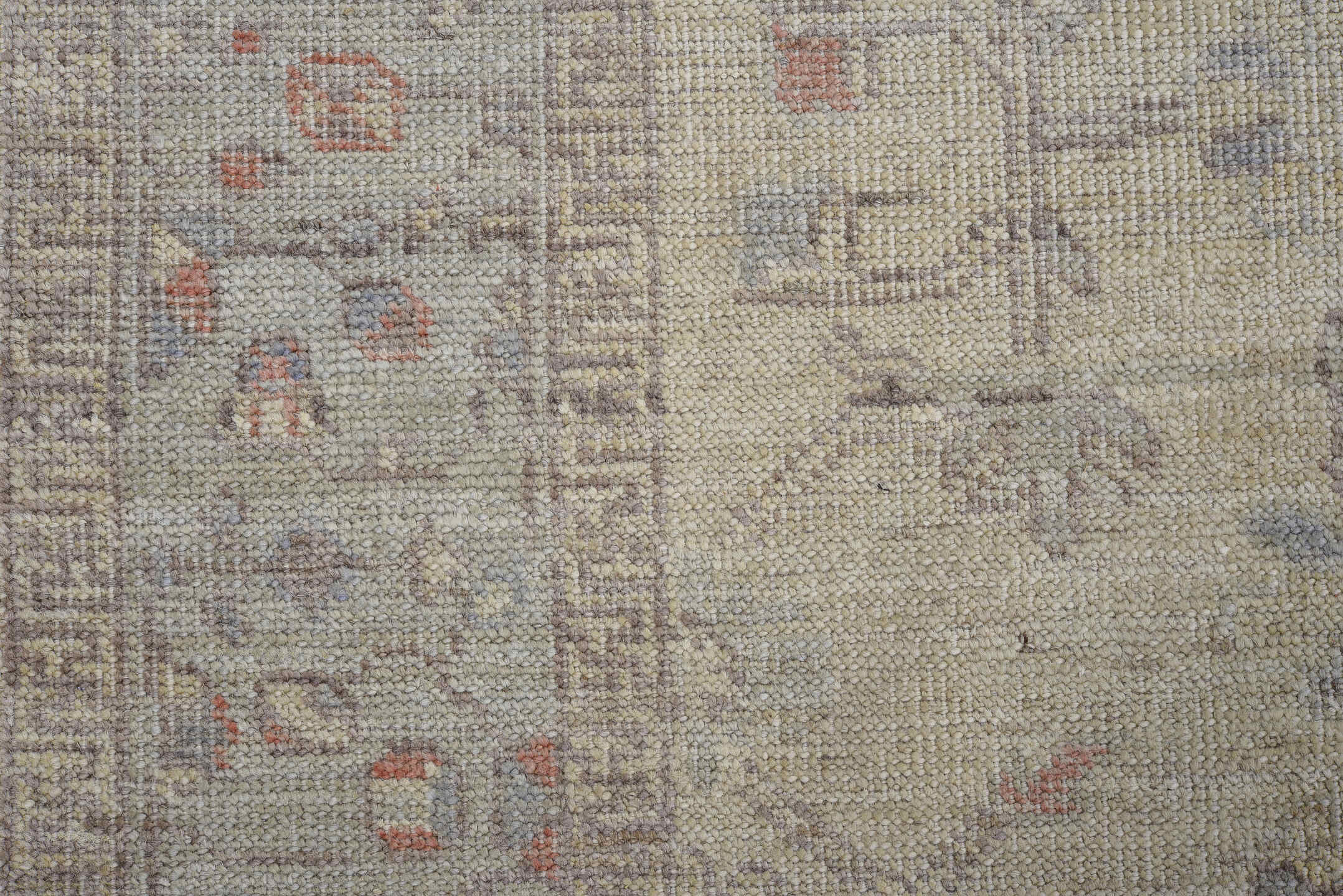 3' x 19' one-of-a-kind handmade vintage Oushak runner rug. Color palette: ivory, taupe, beige, soft blue, rust, gray
