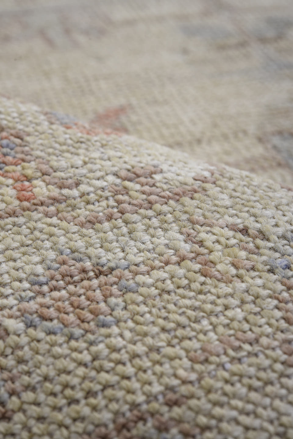 3' x 19' one-of-a-kind handmade vintage Oushak runner rug. Color palette: ivory, taupe, beige, soft blue, rust, gray