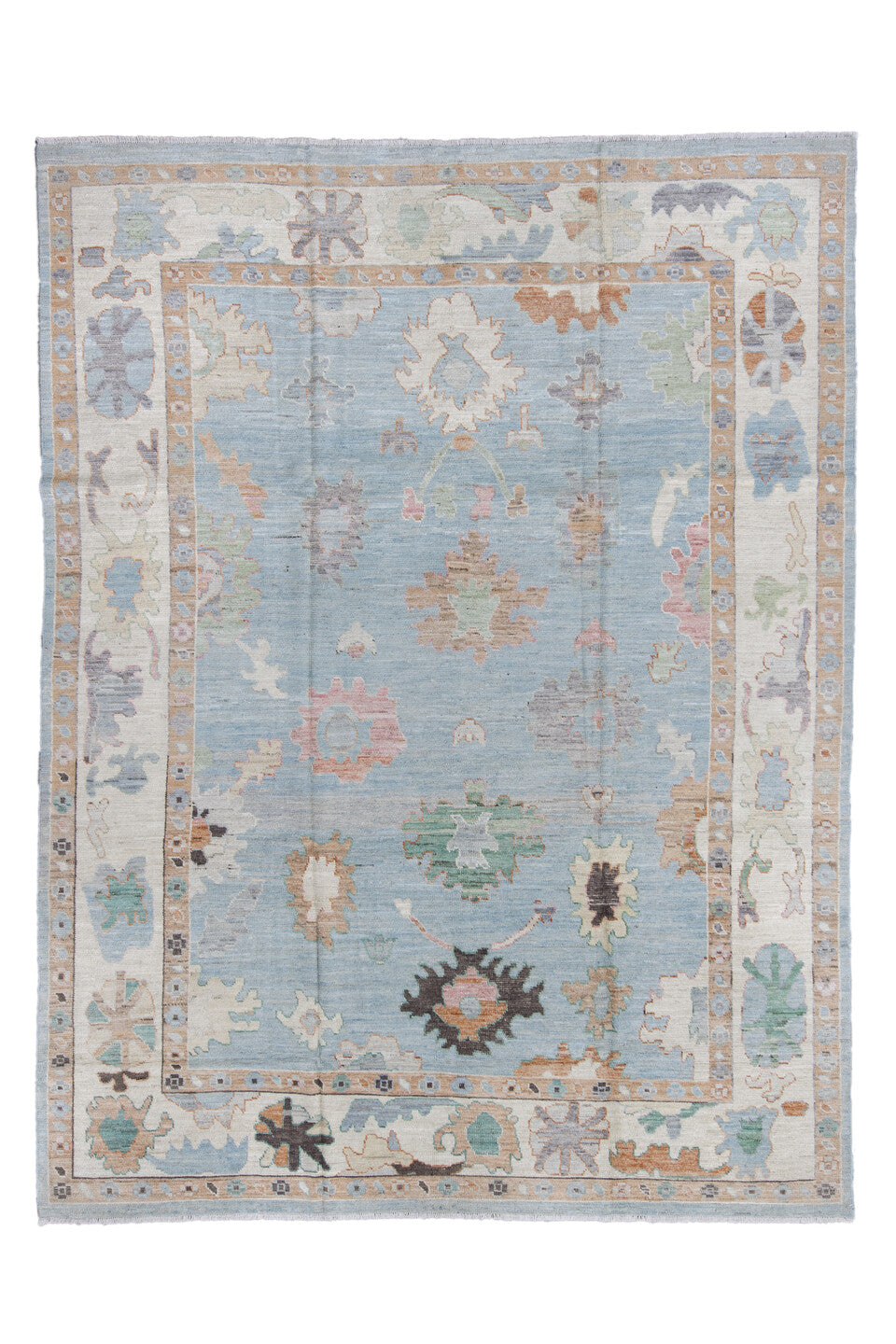 9' x 12' one-of-a-kind handmade vintage Oushak large size rug. Color palette: brown, dark gray, dim gray, gray, light blue