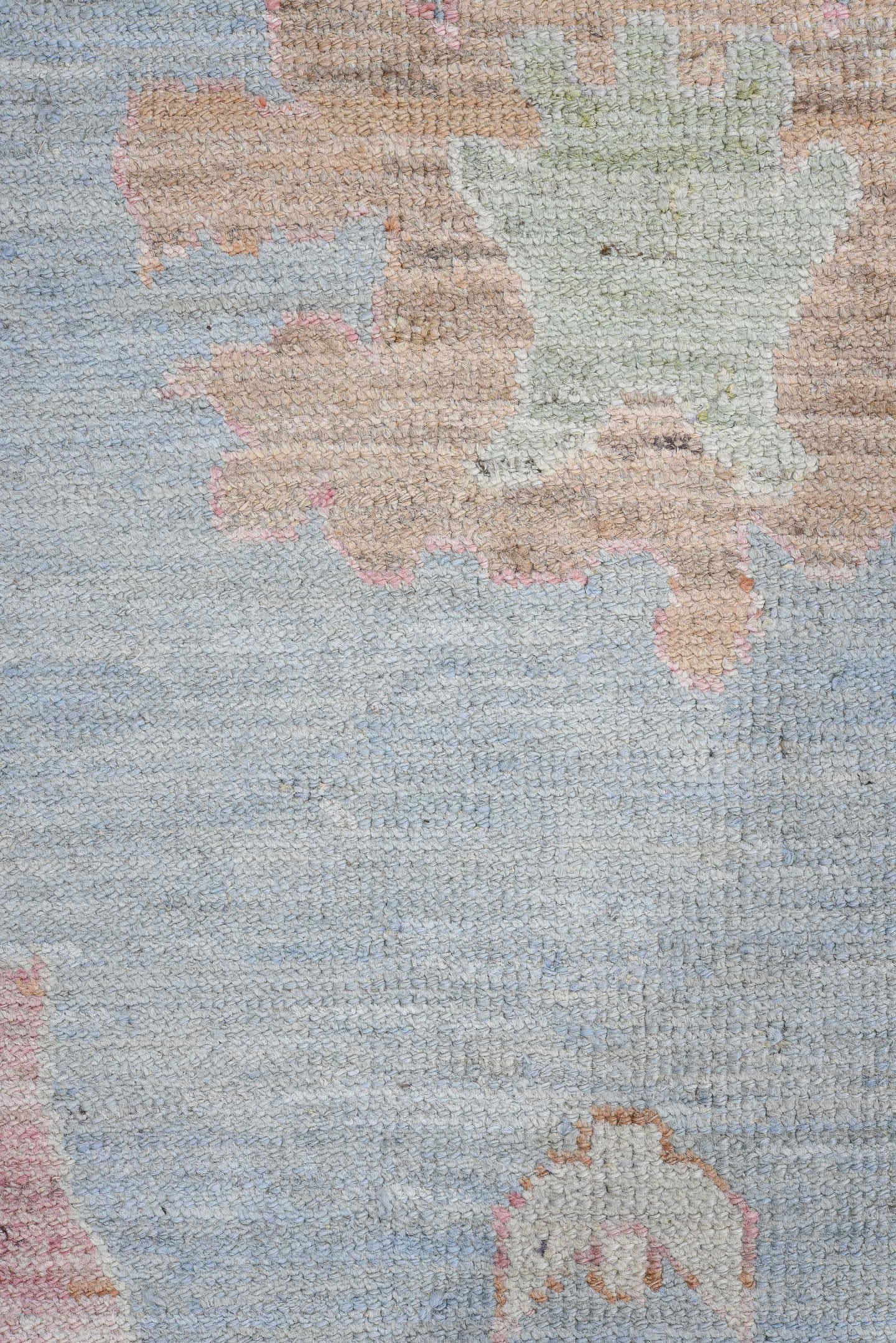 9' x 12' one-of-a-kind handmade vintage Oushak large size rug. Color palette: sky blue, ivory, beige, sage, slate