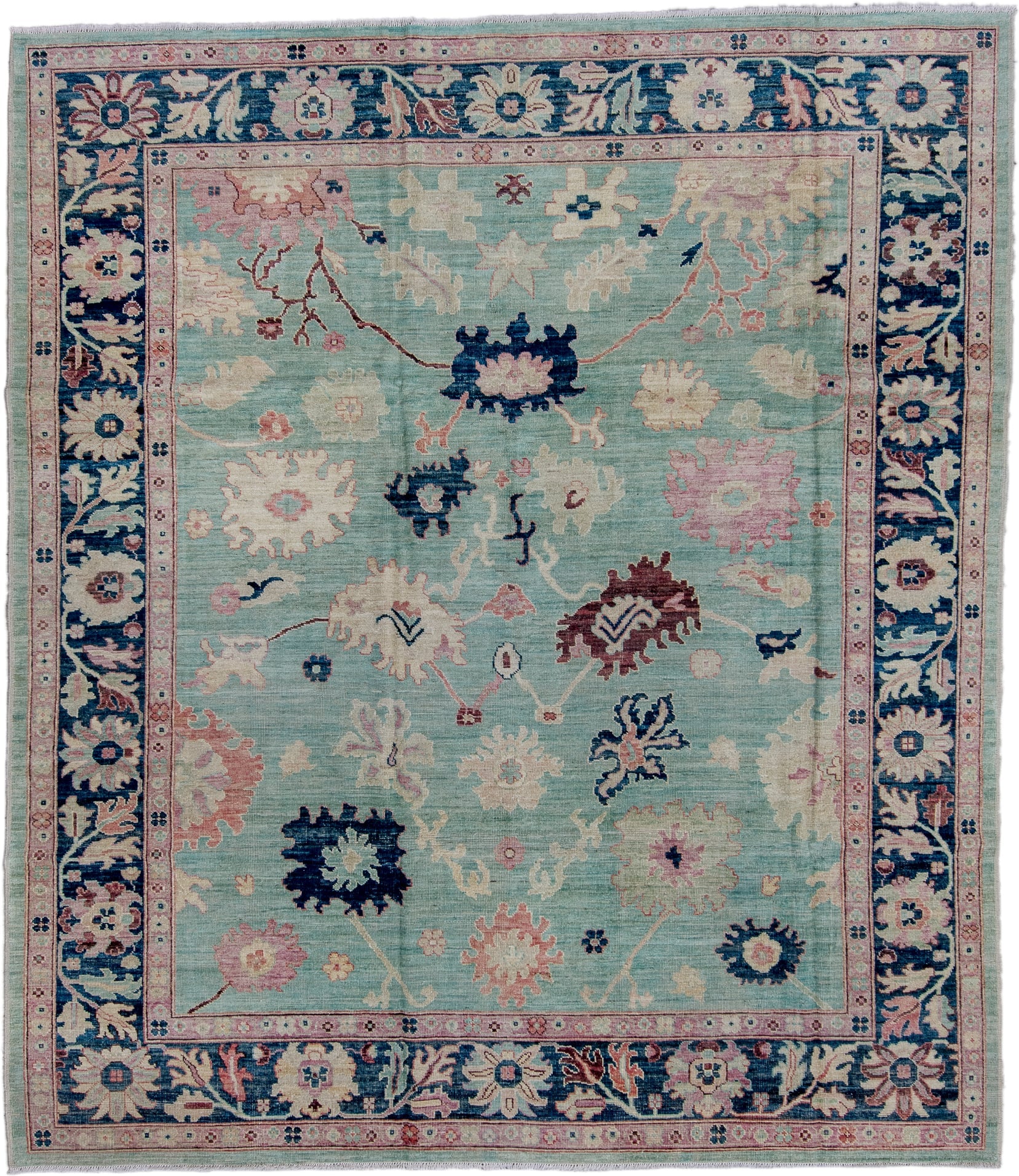 8' x 9' one-of-a-kind handmade vintage Oushak large size rug. Color palette: aqua, navy, ivory, blush, taupe, brown, teal
