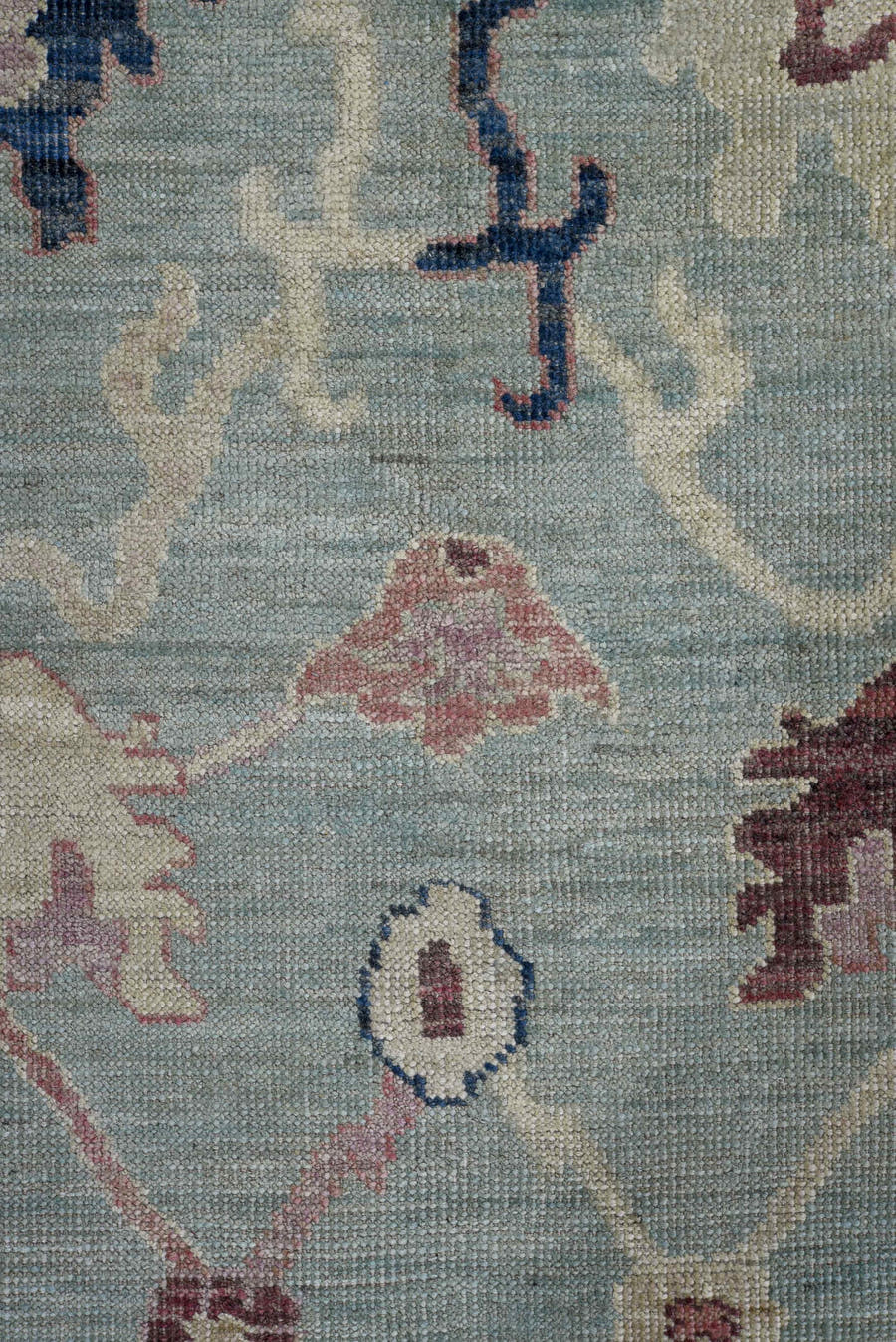 8' x 9' one-of-a-kind handmade vintage Oushak large size rug. Color palette: aqua, navy, ivory, blush, taupe, brown, teal