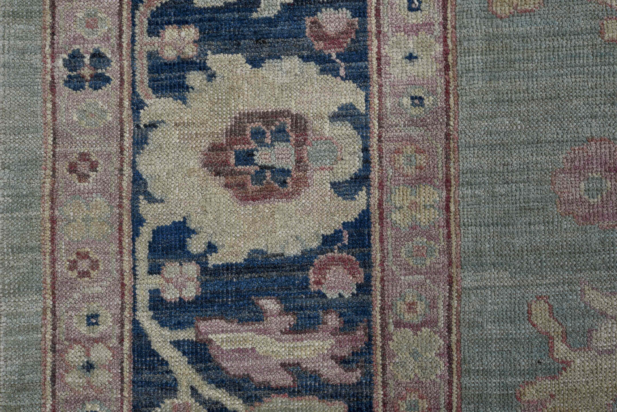 8' x 9' one-of-a-kind handmade vintage Oushak large size rug. Color palette: aqua, navy, ivory, blush, taupe, brown, teal