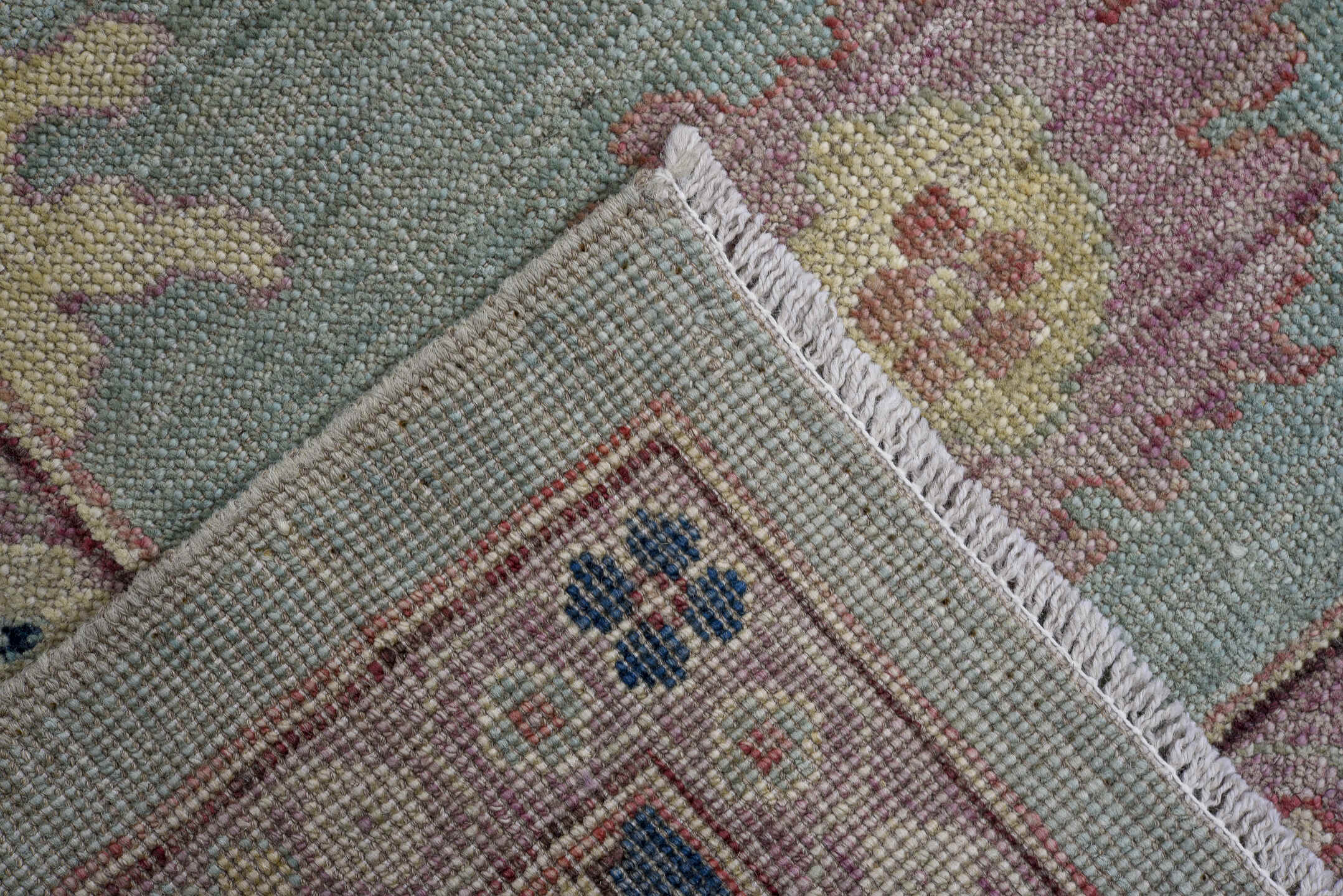8' x 9' one-of-a-kind handmade vintage Oushak large size rug. Color palette: aqua, navy, ivory, blush, taupe, brown, teal