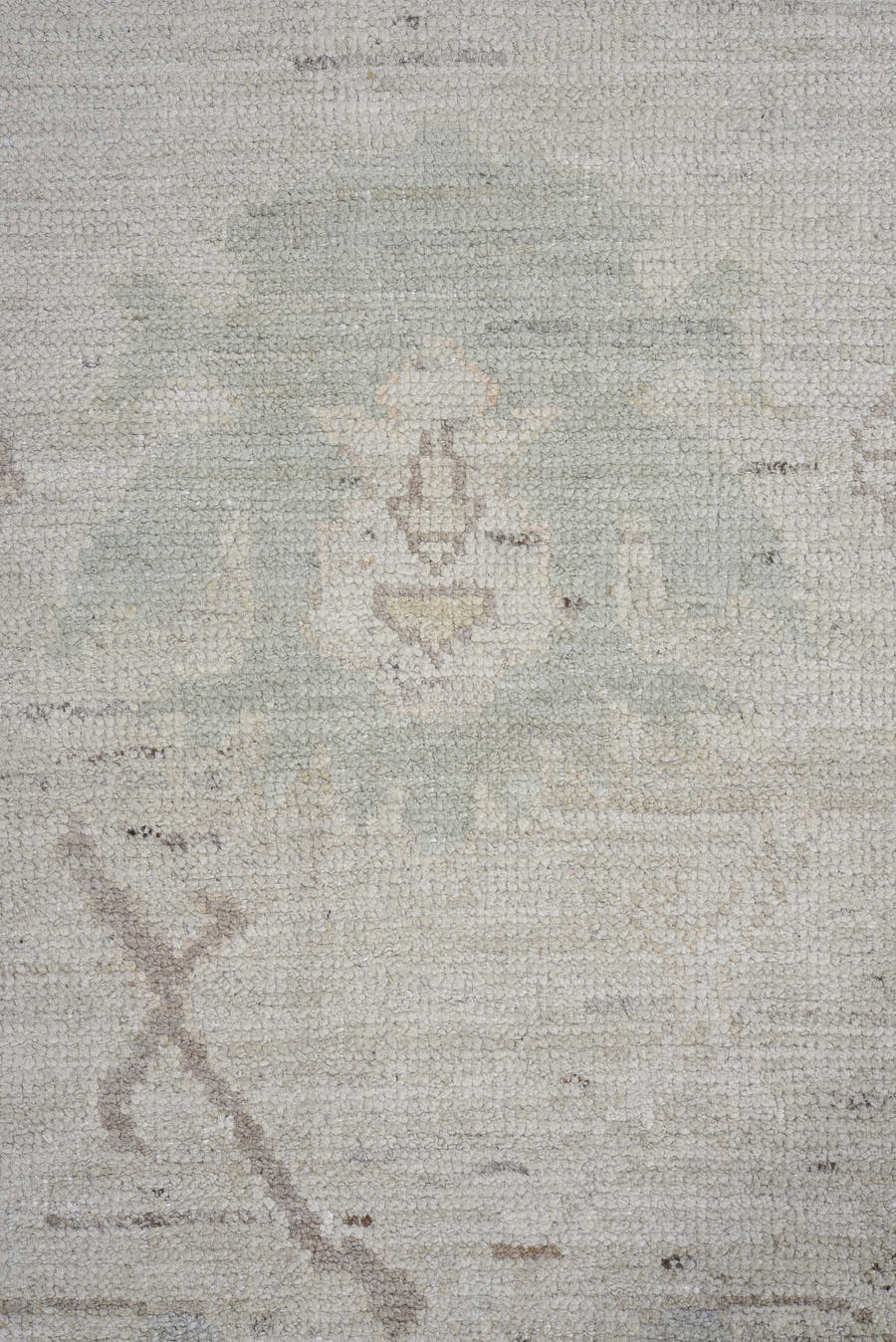 8' x 13' one-of-a-kind handmade vintage Oushak large size rug. Color palette: ivory, pale blue, taupe, sage, cream