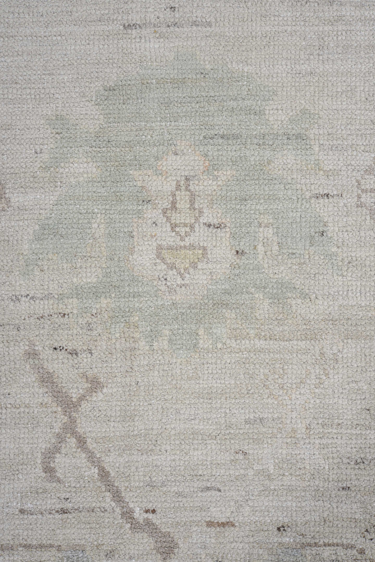 8' x 13' one-of-a-kind handmade vintage Oushak large size rug. Color palette: ivory, pale blue, taupe, sage, cream