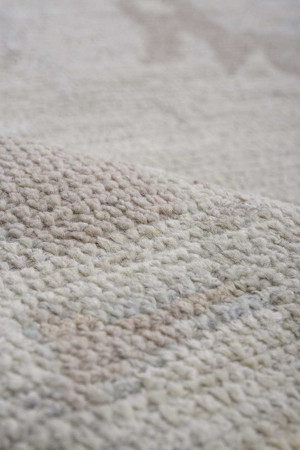 8' x 13' one-of-a-kind handmade vintage Oushak large size rug. Color palette: ivory, pale blue, taupe, sage, cream