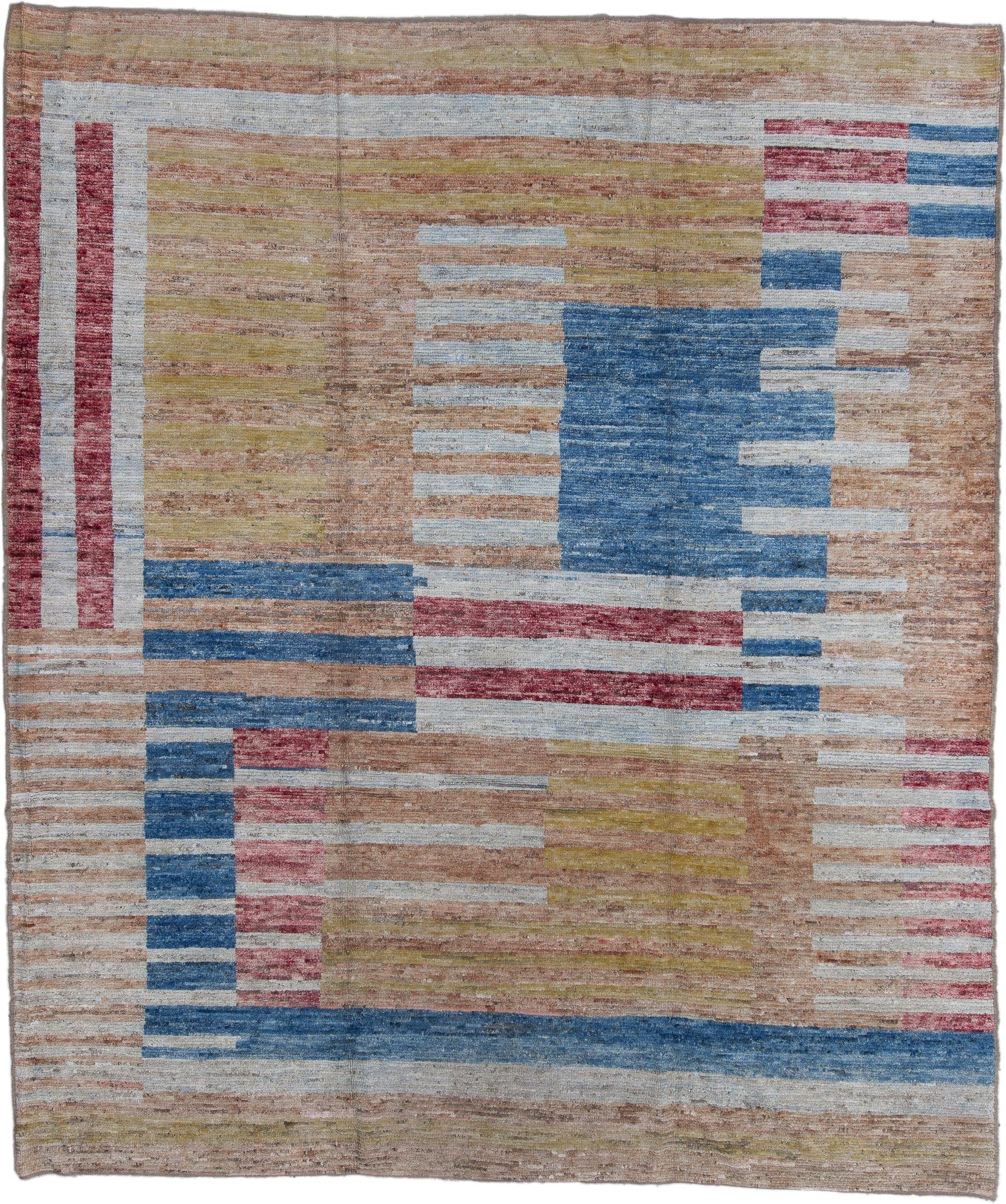 9' x 11' one-of-a-kind handmade vintage Tulu large size rug. Color palette: taupe, ivory, blue, ochre, rose, camel, beige