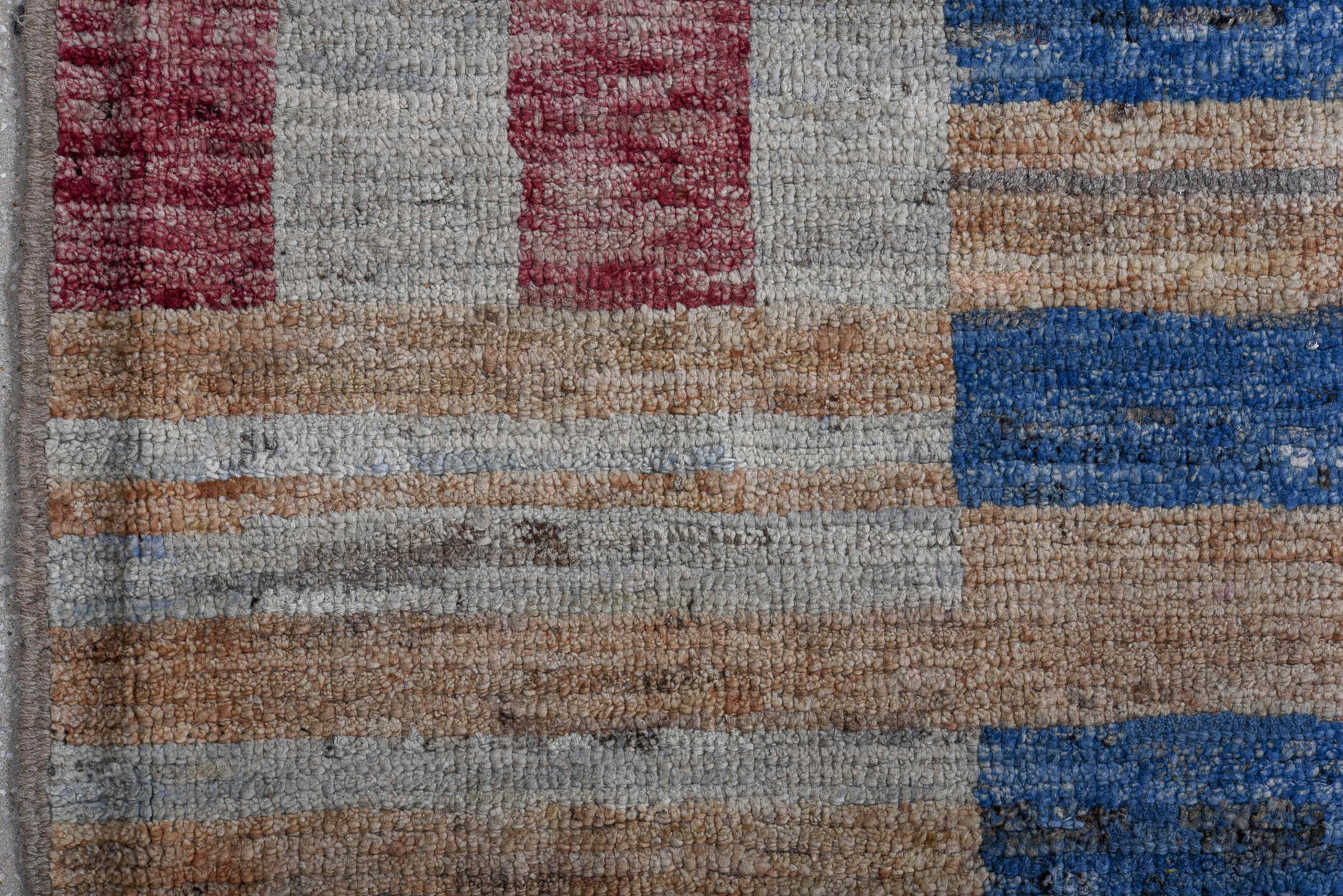 9' x 11' one-of-a-kind handmade vintage Tulu large size rug. Color palette: taupe, ivory, blue, ochre, rose, camel, beige