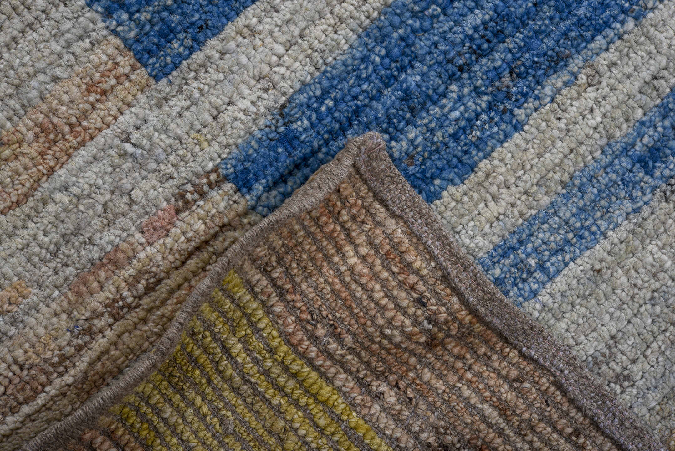 9' x 11' one-of-a-kind handmade vintage Tulu large size rug. Color palette: taupe, ivory, blue, ochre, rose, camel, beige