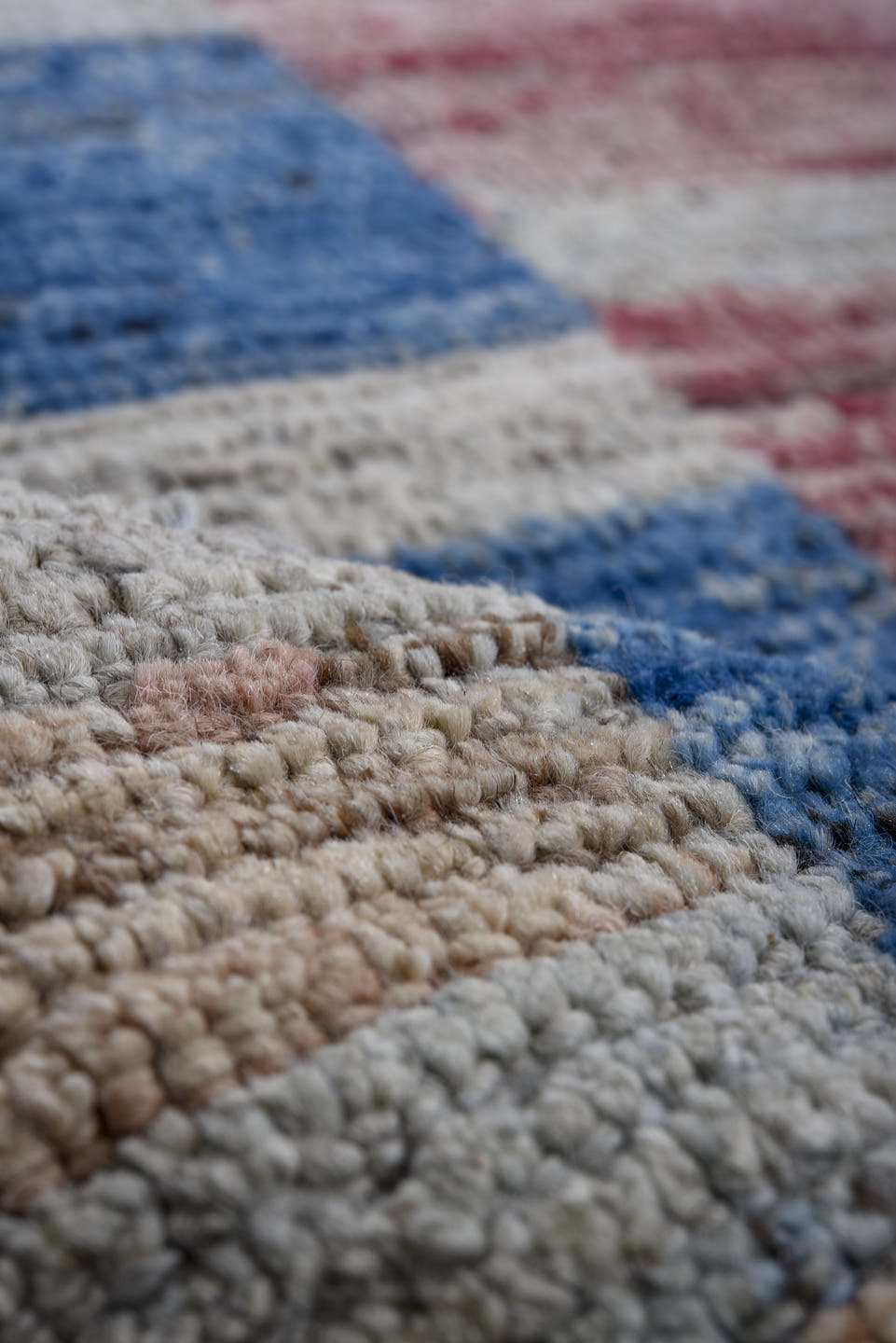 9' x 11' one-of-a-kind handmade vintage Tulu large size rug. Color palette: taupe, ivory, blue, ochre, rose, camel, beige