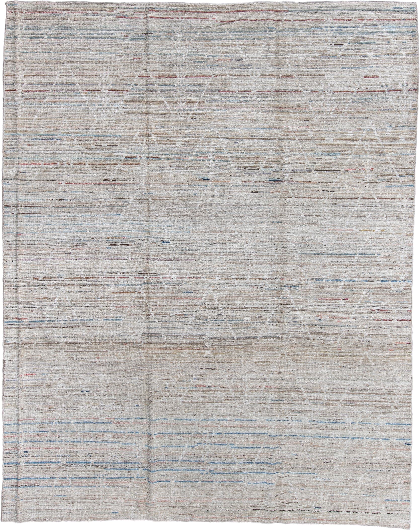 9' x 11' one-of-a-kind handmade vintage Tulu large size rug. Color palette: ivory, beige, taupe, pale blue, rust, charcoal