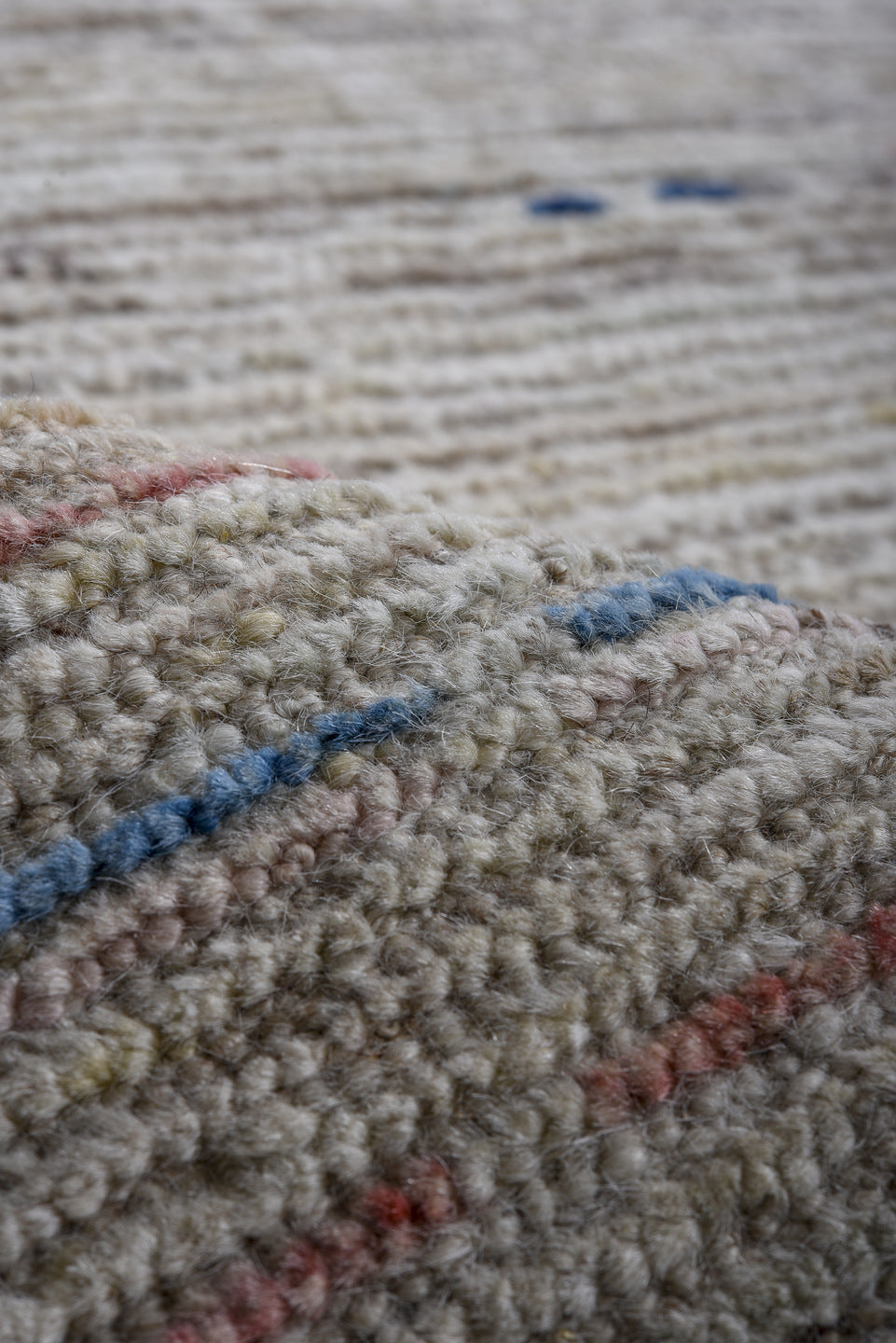 9' x 11' one-of-a-kind handmade vintage Tulu large size rug. Color palette: ivory, beige, taupe, pale blue, rust, charcoal