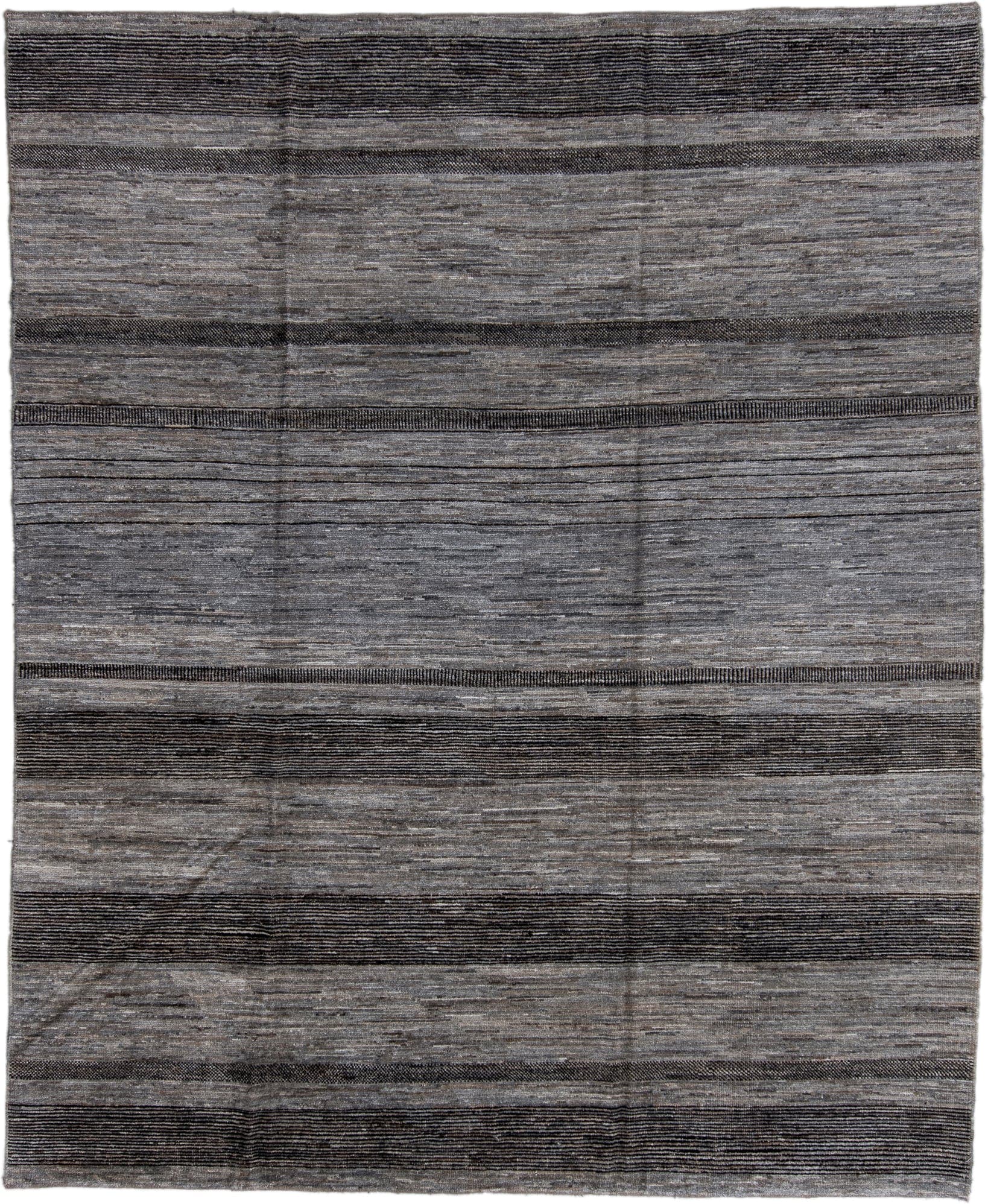 8' x 9' one-of-a-kind handmade vintage Tulu large size rug. Color palette: gray, charcoal, slate, ivory, black