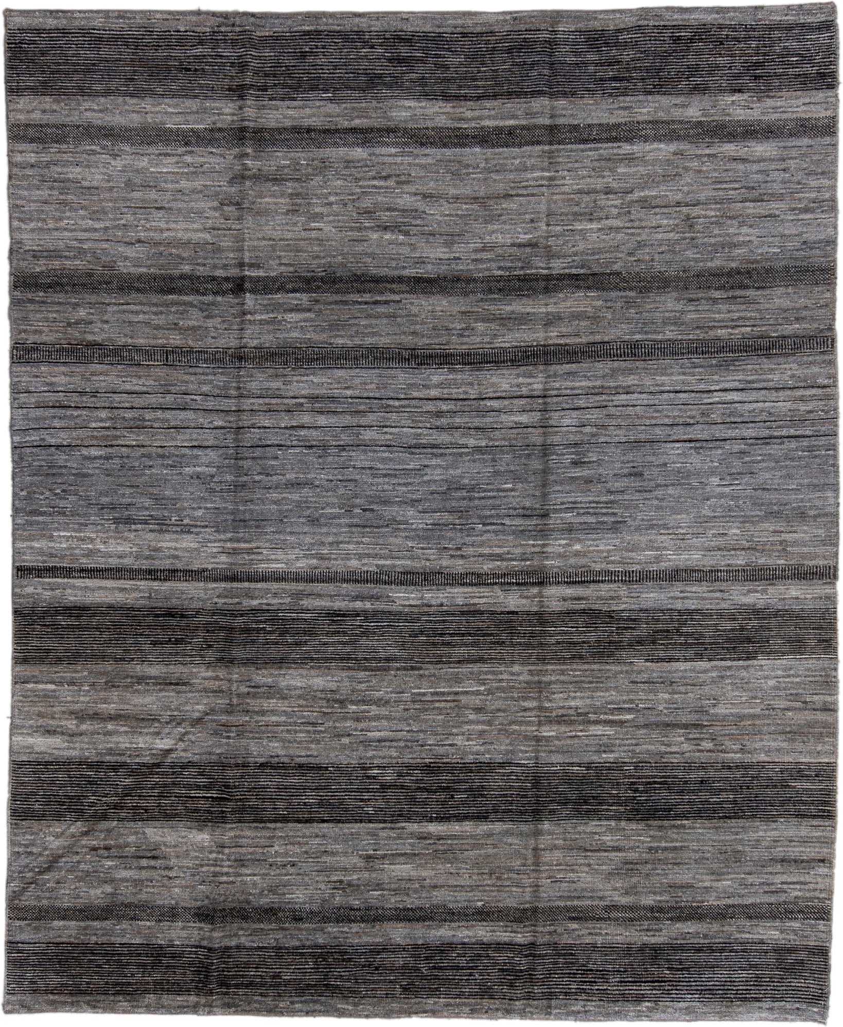 8' x 9' one-of-a-kind handmade vintage Tulu large size rug. Color palette: gray, charcoal, slate, ivory, black
