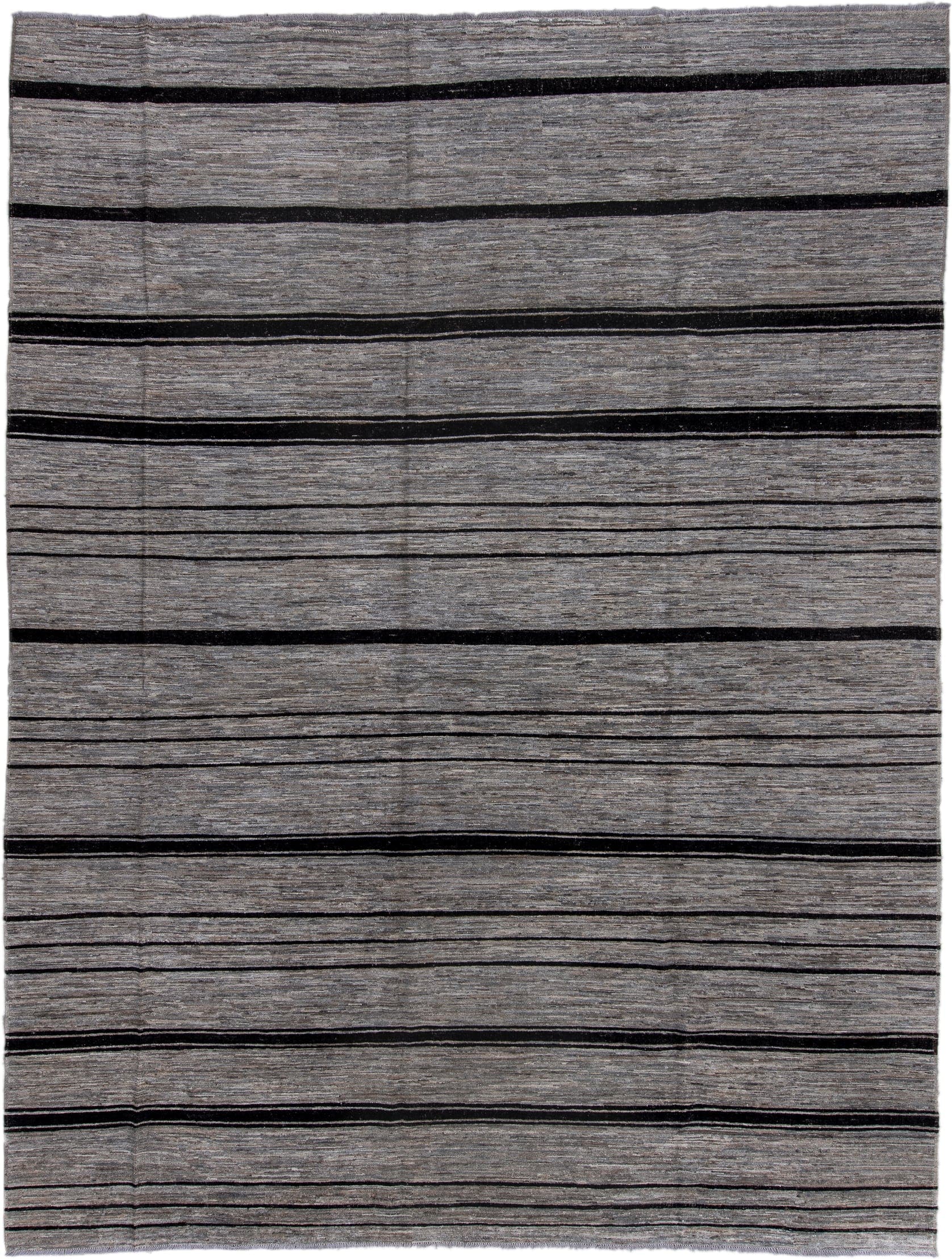 10' x 13' one-of-a-kind handmade vintage Tulu large size rug. Color palette: gray, charcoal, black, slate