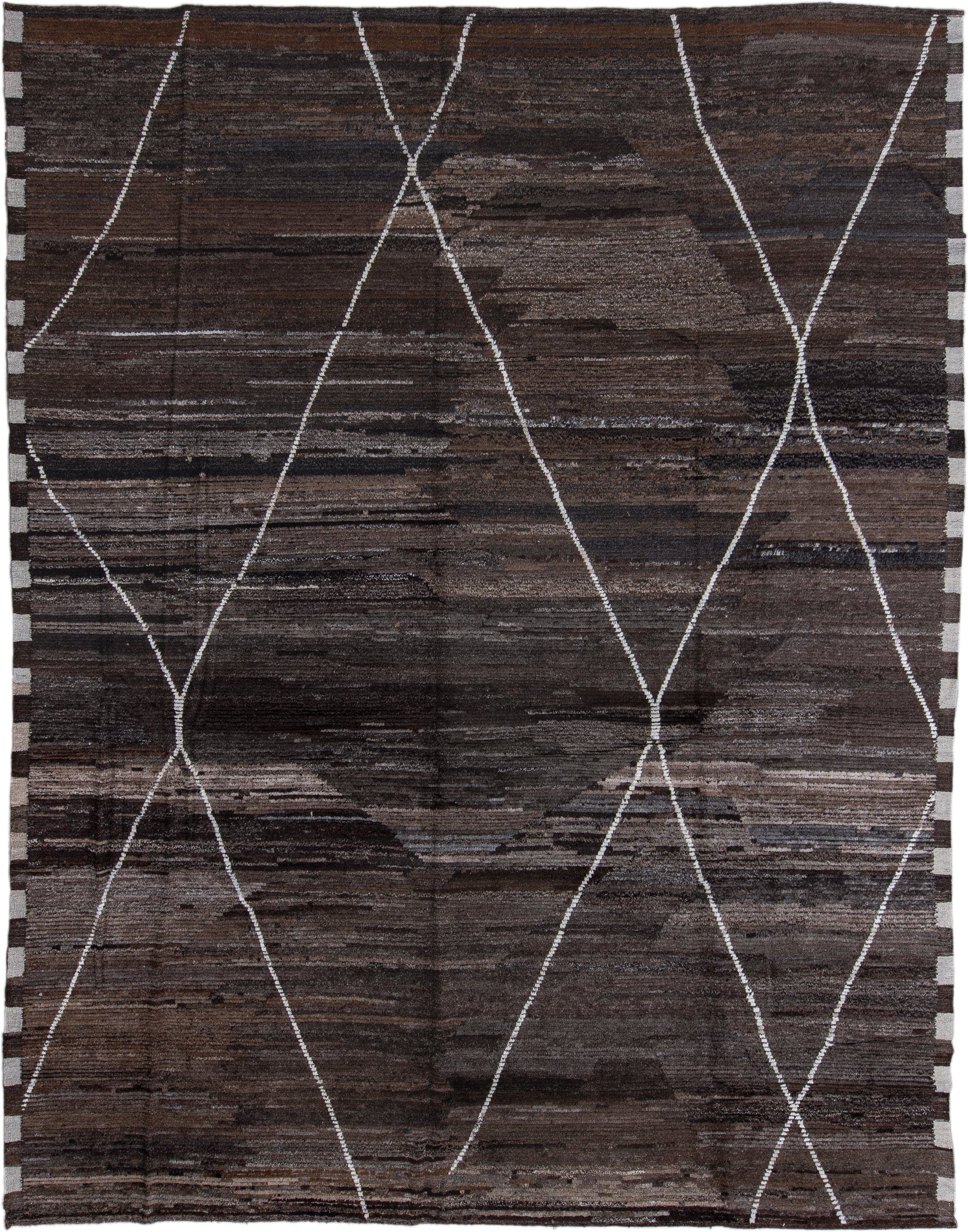 10' x 13' one-of-a-kind handmade vintage Tulu large size rug. Color palette: brown, charcoal, ivory, taupe, slate, gray