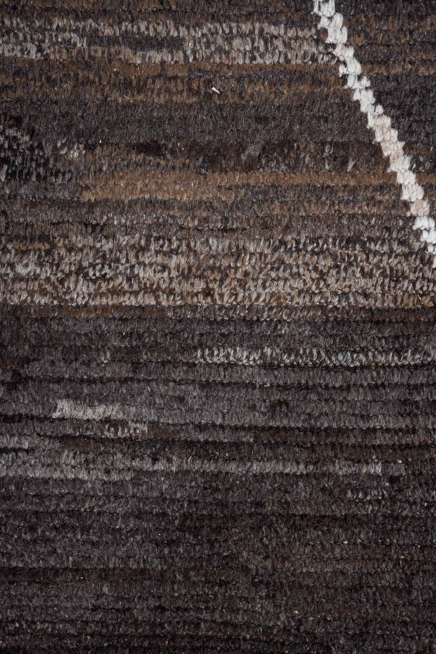 10' x 13' one-of-a-kind handmade vintage Tulu large size rug. Color palette: brown, charcoal, ivory, taupe, slate, gray