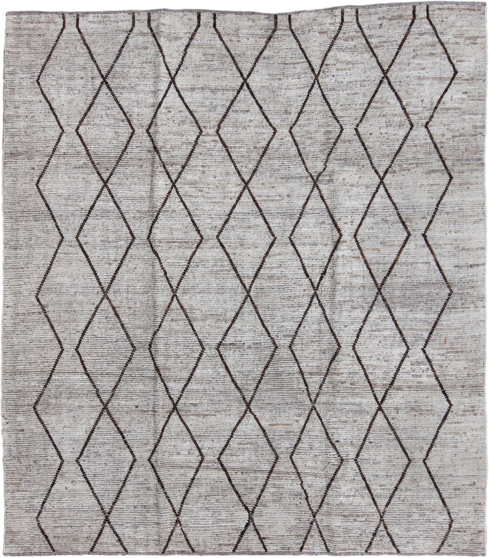 8' x 9' one-of-a-kind handmade vintage Tulu large size rug. Color palette: ivory, charcoal, taupe, gray, black, beige