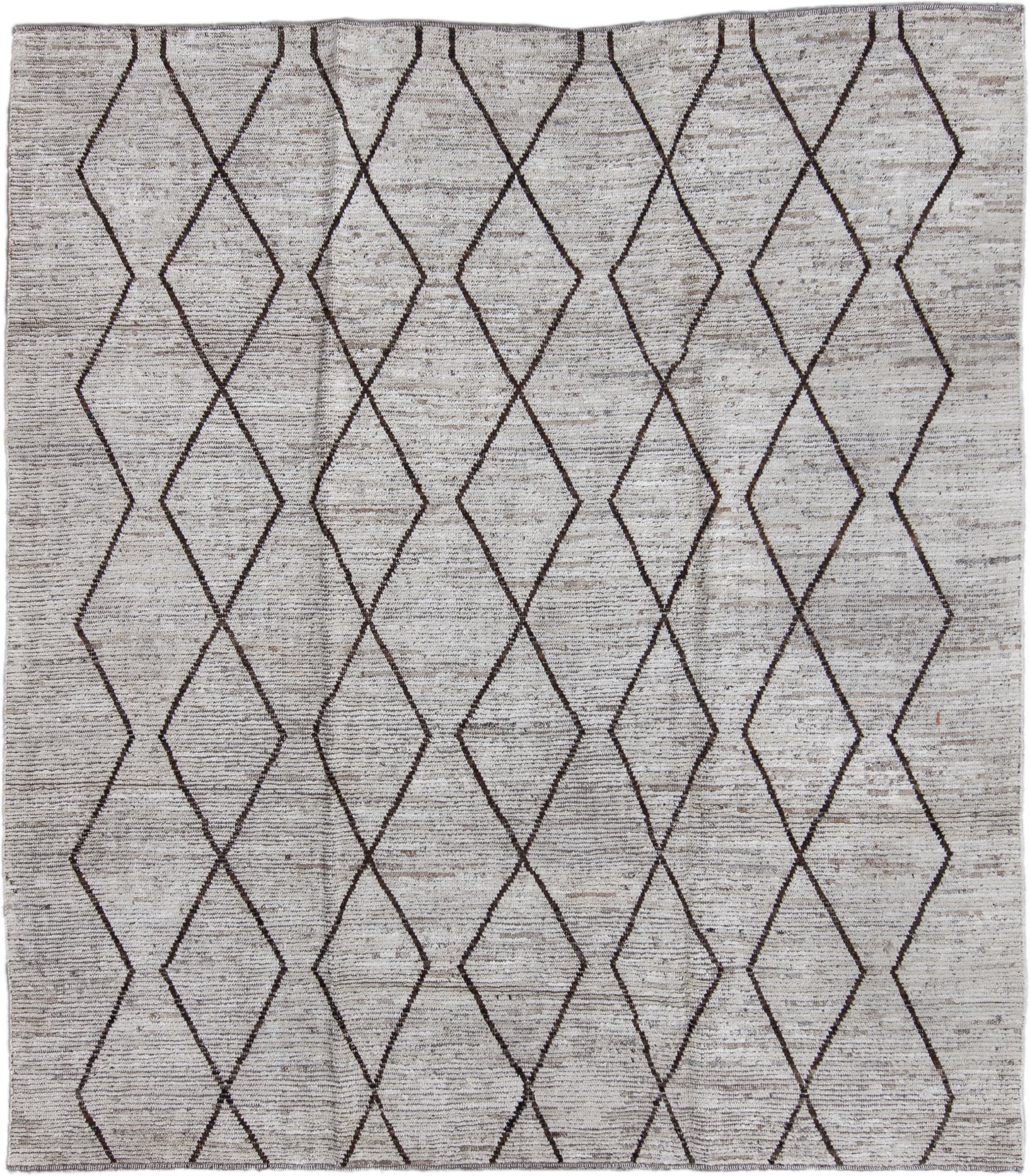 8' x 9' one-of-a-kind handmade vintage Tulu large size rug. Color palette: ivory, charcoal, taupe, gray, black, beige