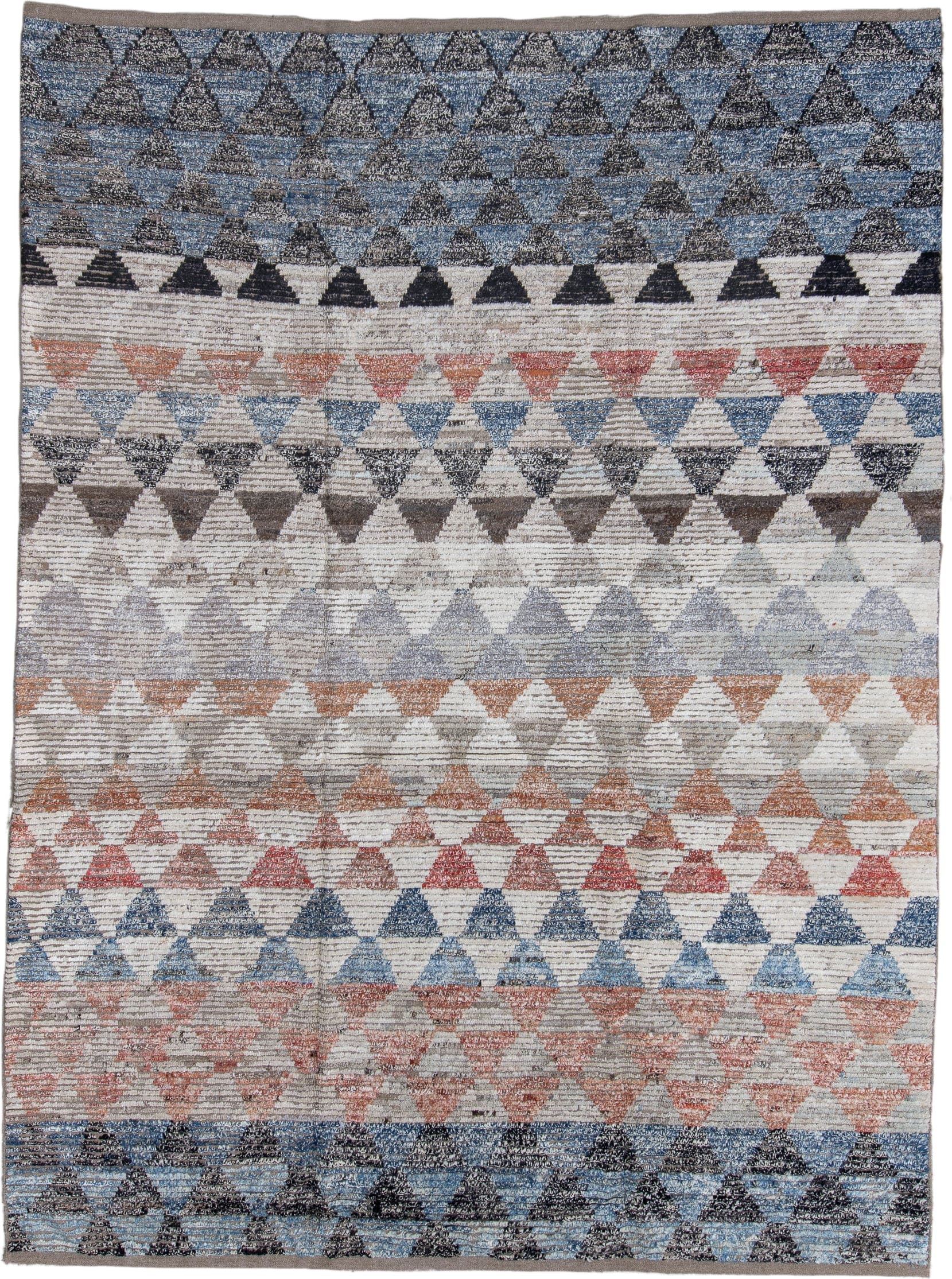 9' x 12' one-of-a-kind handmade vintage Tulu large size rug. Color palette: ivory, blue, charcoal, slate, rust, taupe