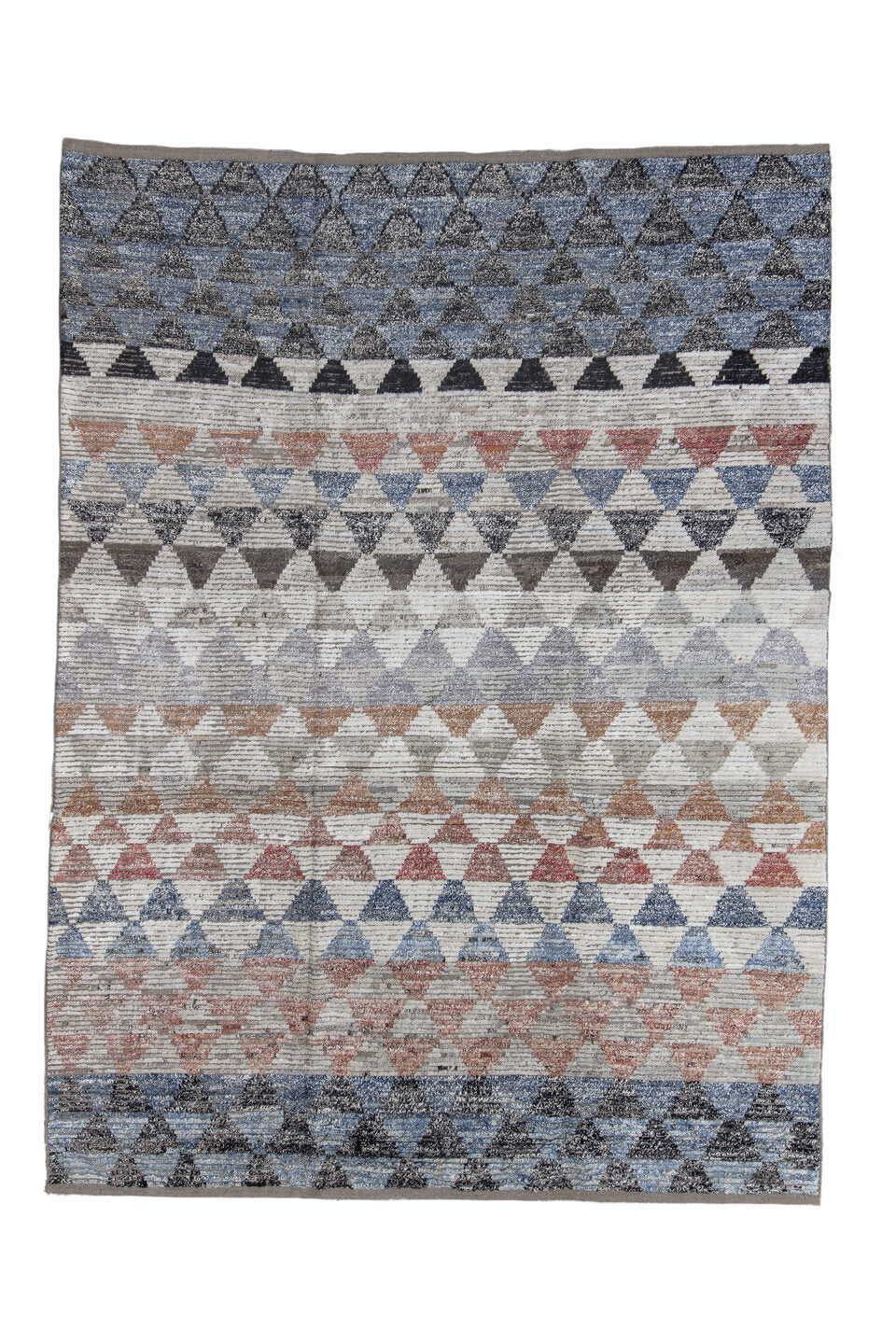 9' x 12' one-of-a-kind handmade vintage Tulu large size rug. Color palette: black, brown, gray, light gray, off-white, pink