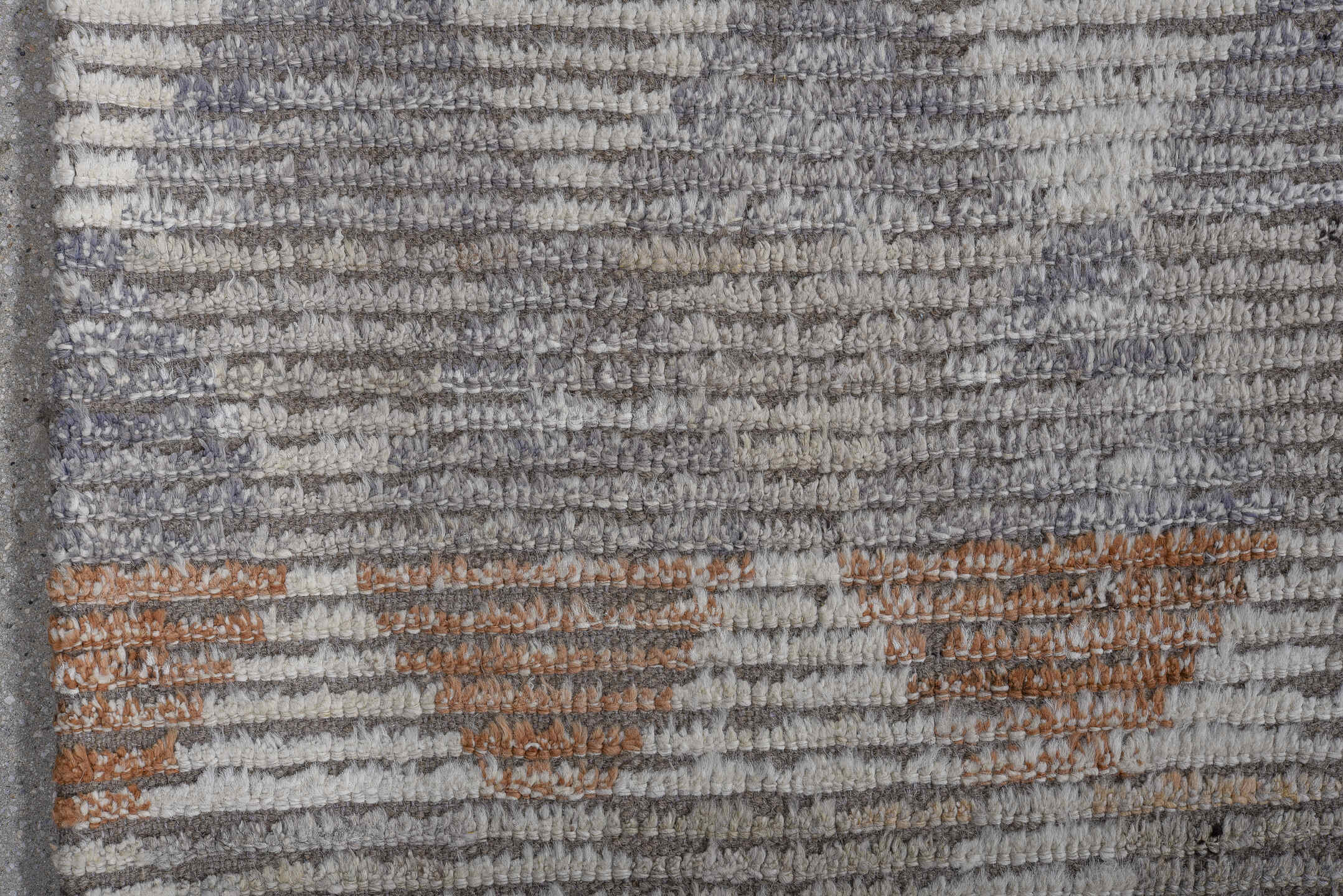 9' x 12' one-of-a-kind handmade vintage Tulu large size rug. Color palette: ivory, blue, charcoal, slate, rust, taupe